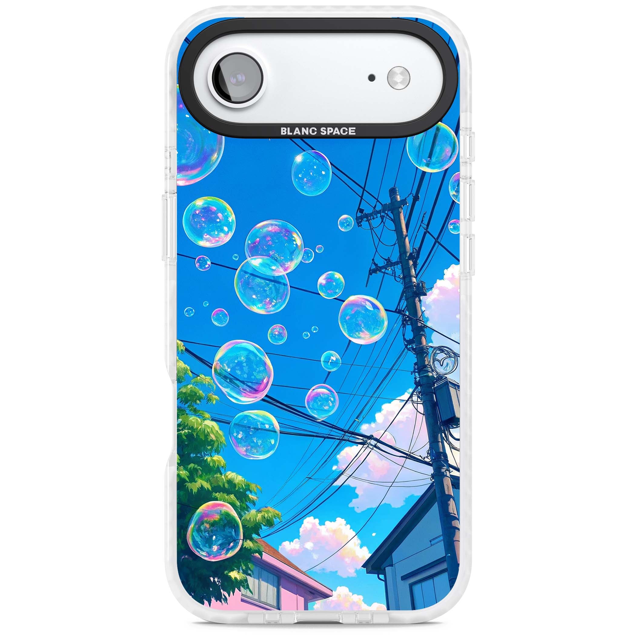 Suburban Bubbles anime iPhone case featuring iridescent soap bubbles, blue sky and Japanese telephone wires | Black Impact case for iPhone Air