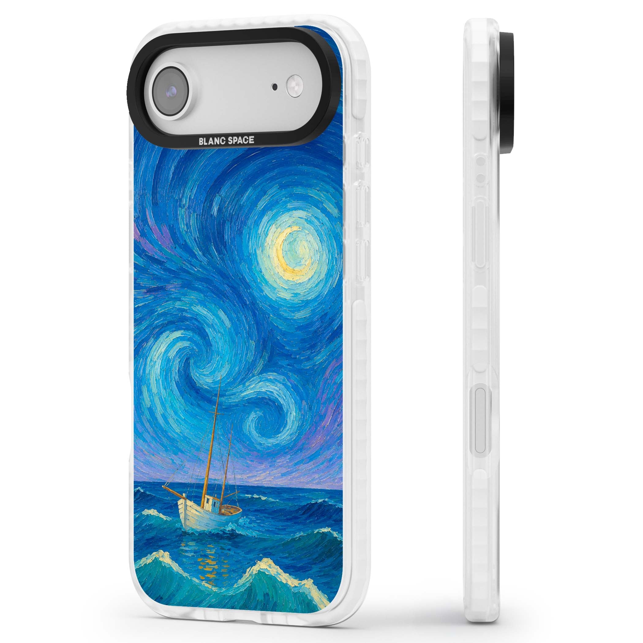 Moonlit Tide Van Gogh art iPhone case featuring swirling starry night sky, glowing moon and lone sailing boat at sea | Black Impact case for iPhone Air