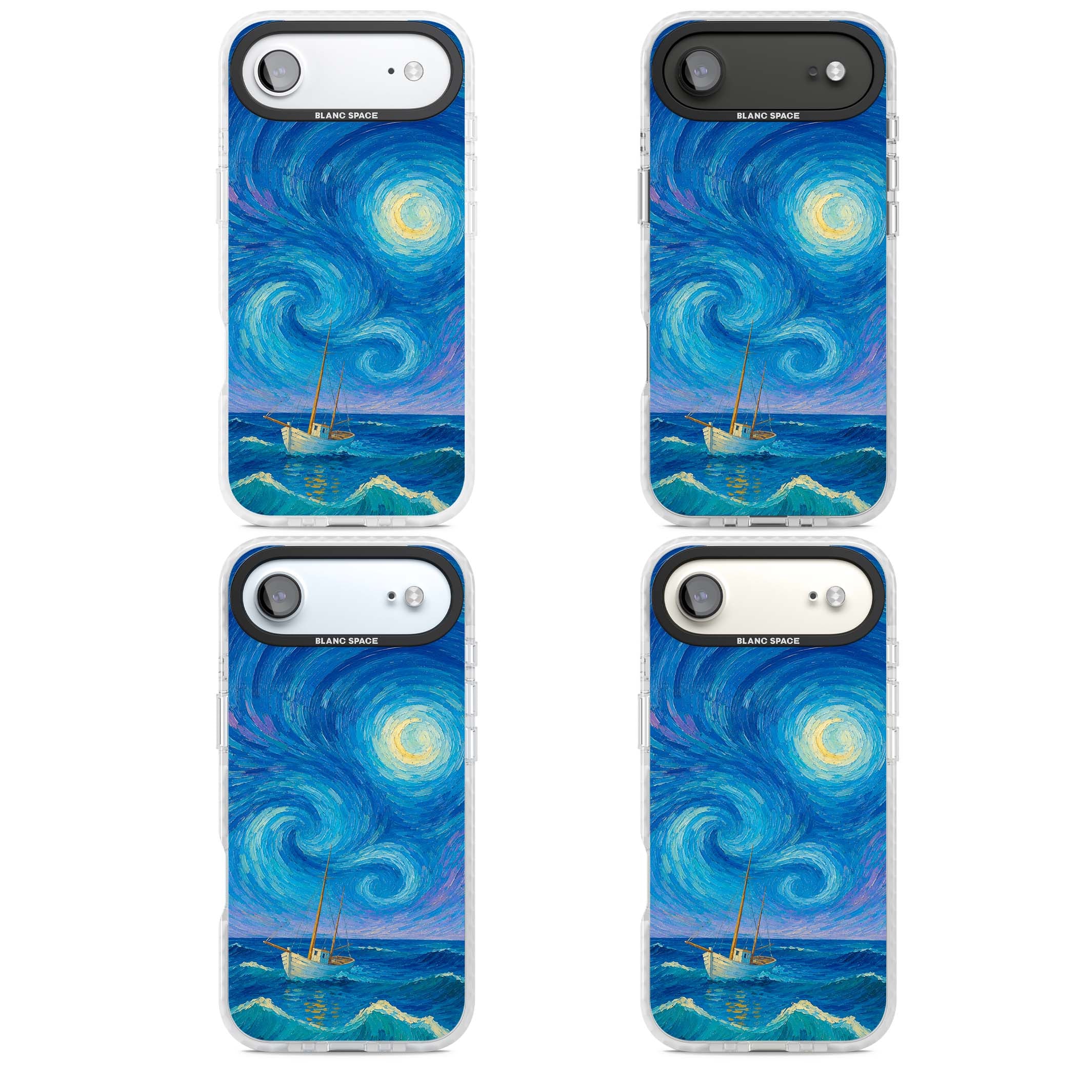Moonlit Tide Van Gogh art iPhone case featuring swirling starry night sky, glowing moon and lone sailing boat at sea | Black Impact case for iPhone Air