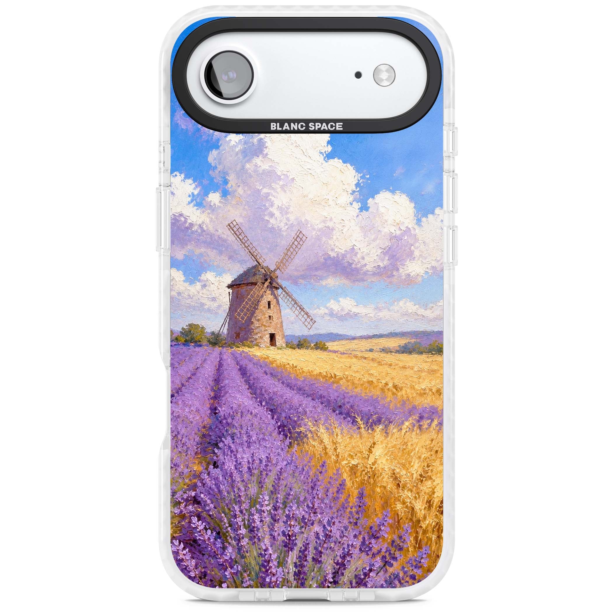 Lavender Mill cottagecore iPhone case featuring a French windmill, lavender field and golden wheat oil painting | Black Impact case for iPhone Air