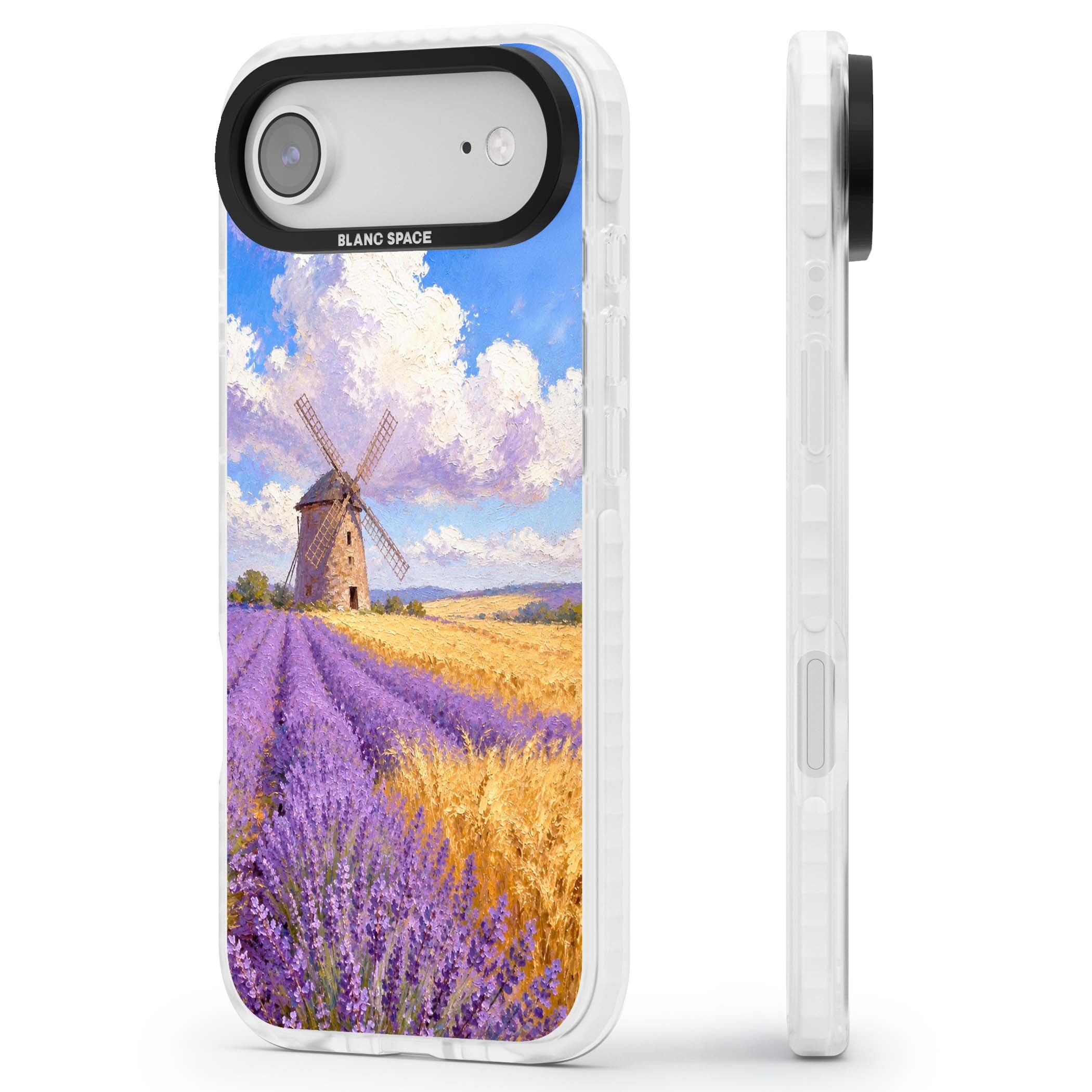 Lavender Mill cottagecore iPhone case featuring a French windmill, lavender field and golden wheat oil painting | Black Impact case for iPhone Air