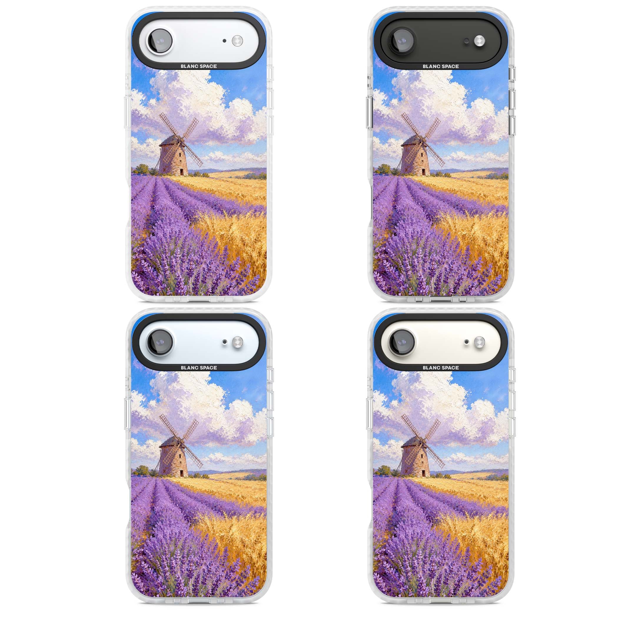 Lavender Mill cottagecore iPhone case featuring a French windmill, lavender field and golden wheat oil painting | Black Impact case for iPhone Air