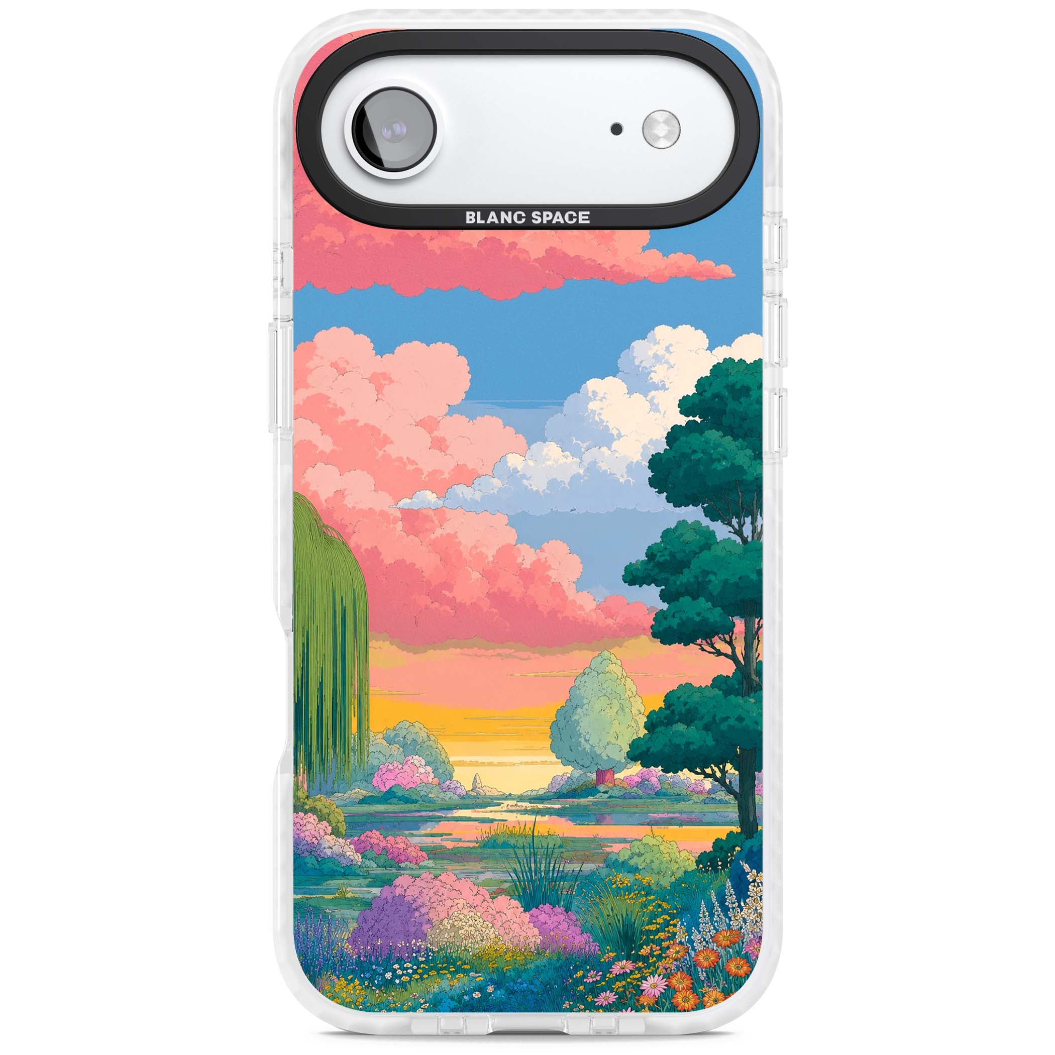 Dream Valley anime landscape iPhone case featuring pink sunset clouds, willow trees and wildflowers | Black Impact case for iPhone Air