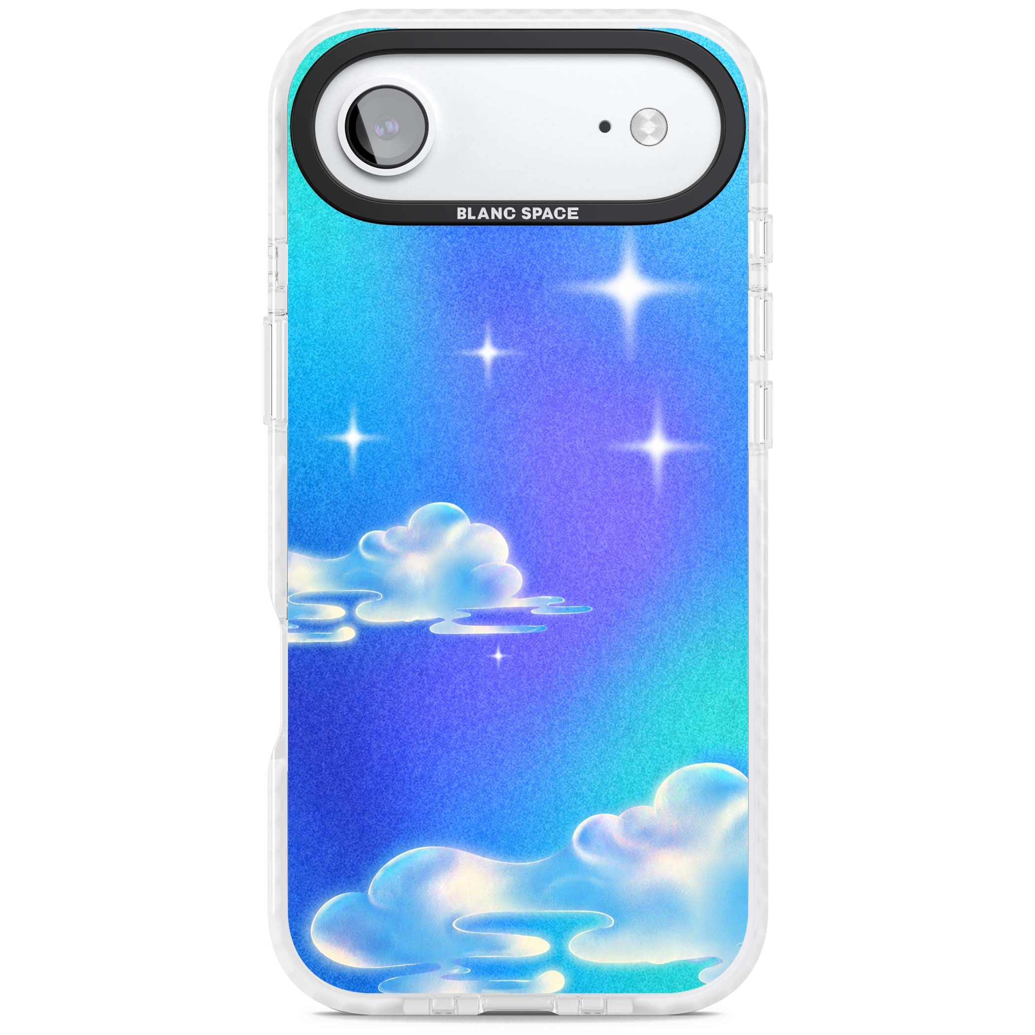 Aurora celestial iPhone case featuring dreamy iridescent clouds, sparkling stars and pastel blue purple sky | Black Impact case for iPhone Air