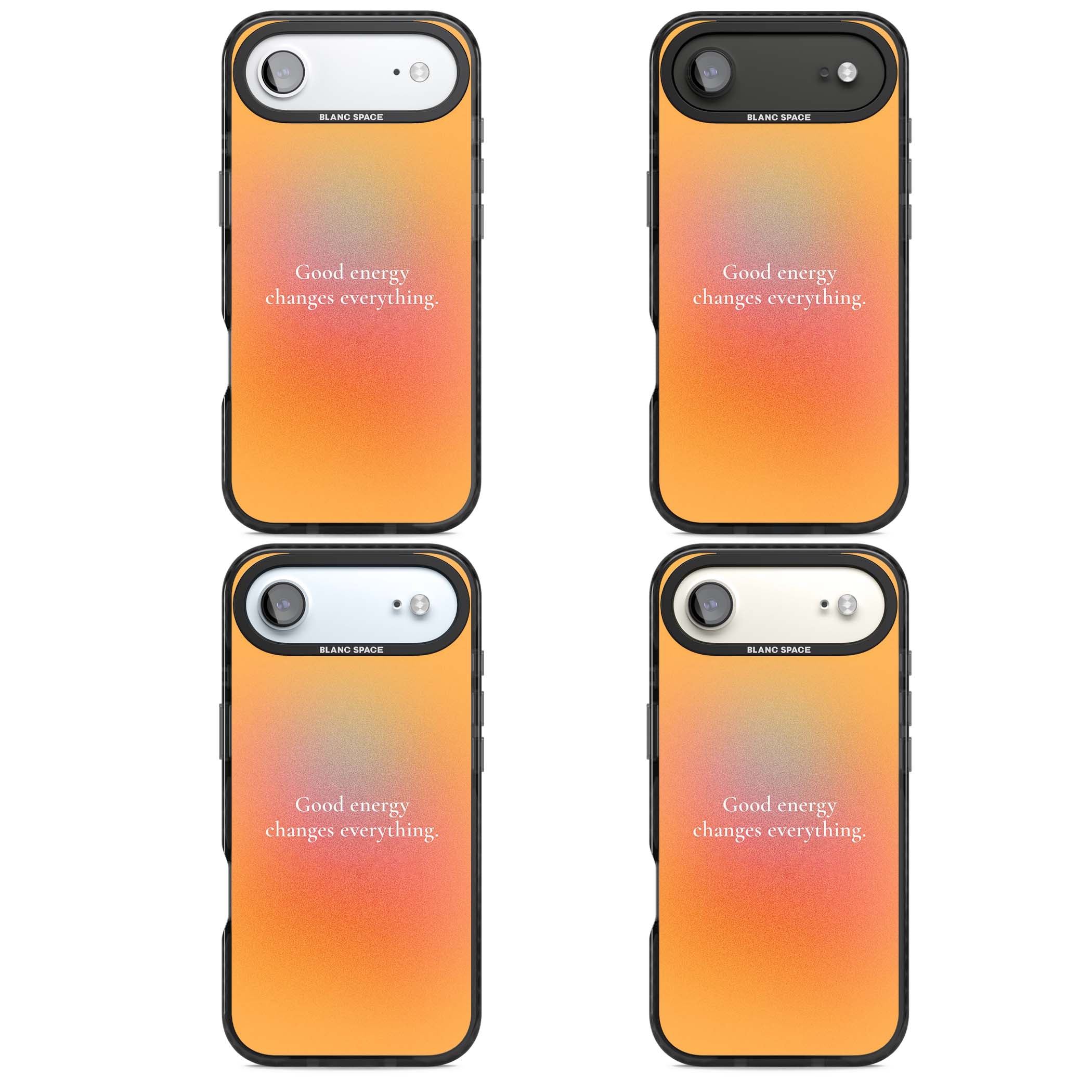 Good Energy quote iPhone case featuring an orange and pink aura gradient with white serif affirmation text | Clear Impact case for iPhone Air