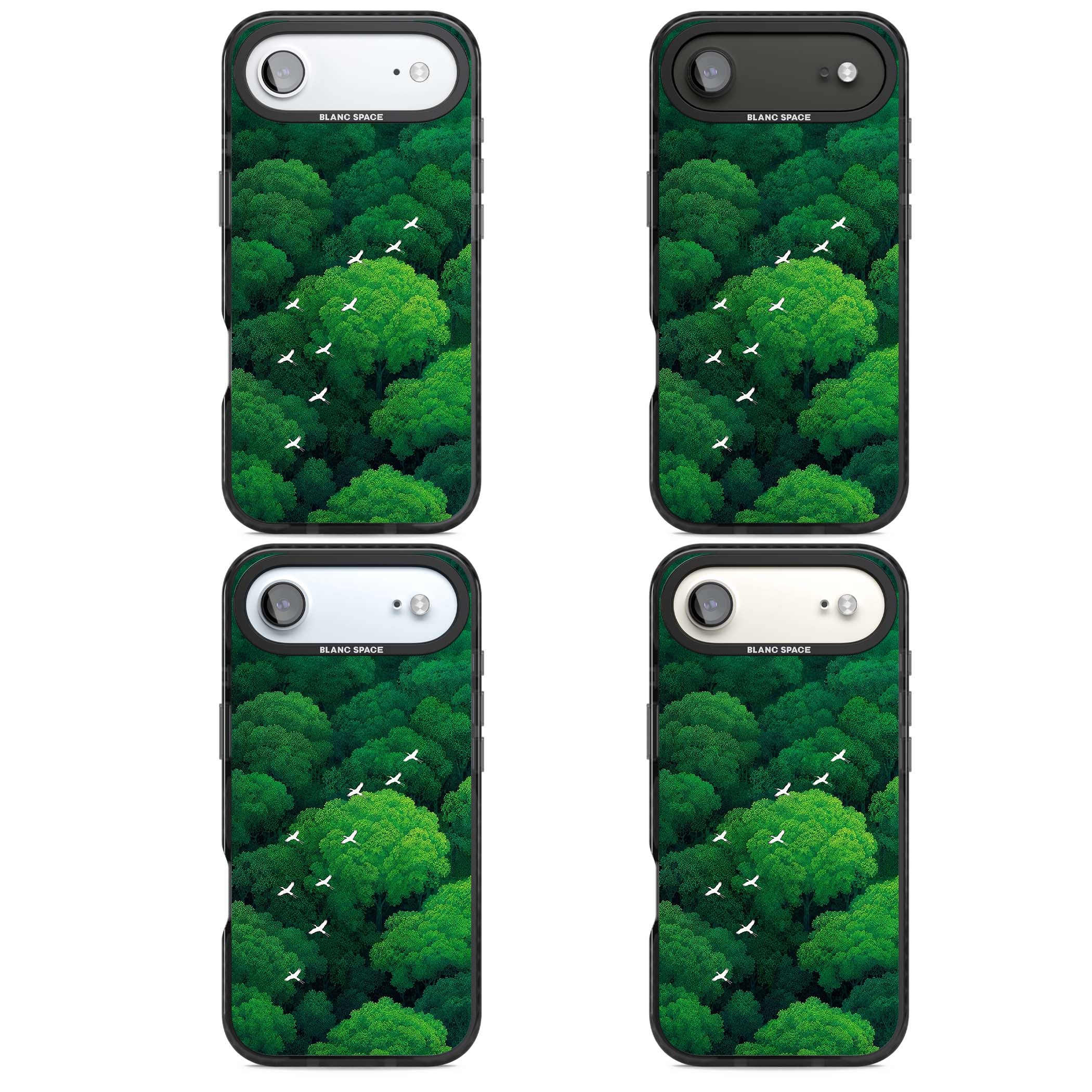 Grove Migration forest iPhone case featuring white cranes flying over lush green treetop canopy | Clear Impact case for iPhone Air