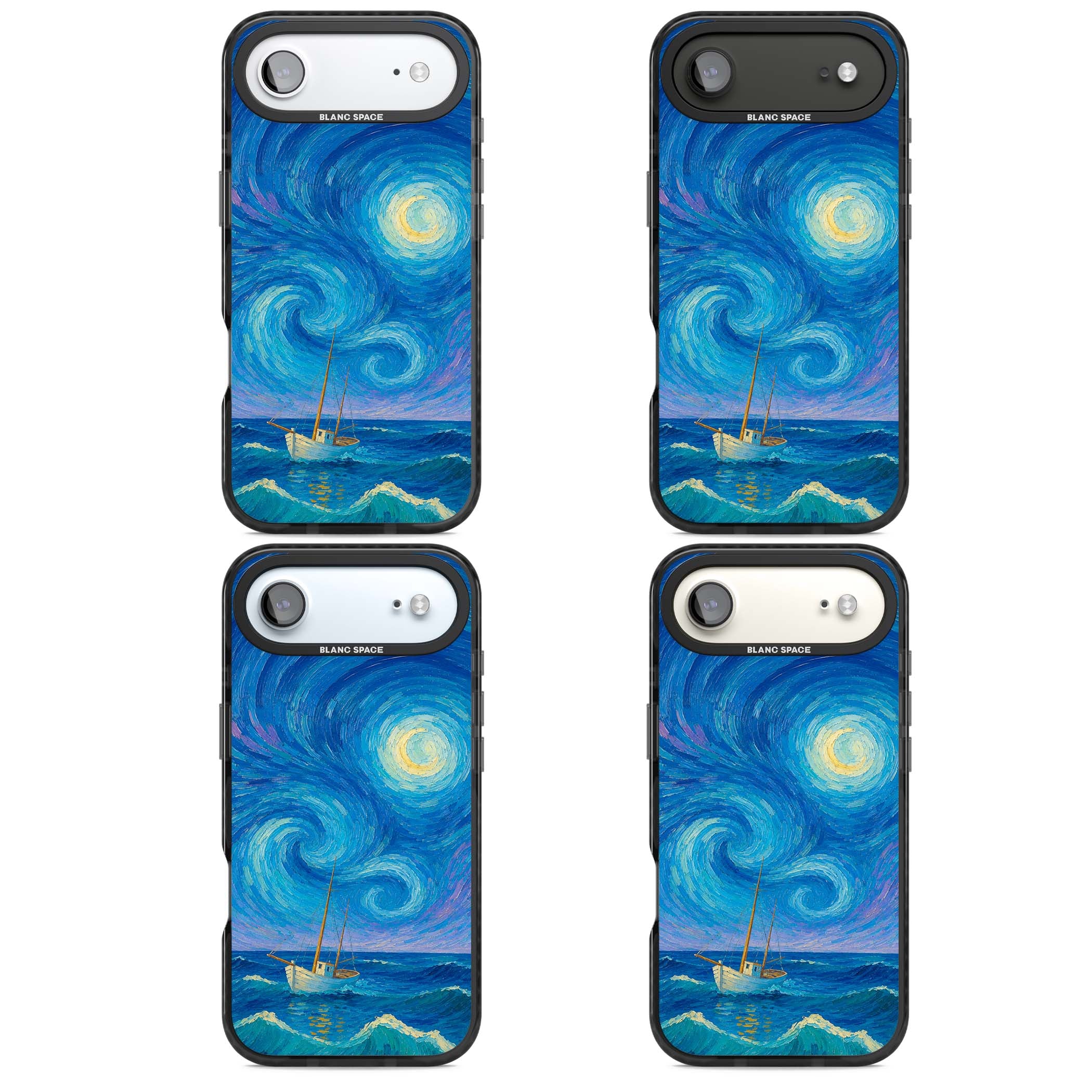 Moonlit Tide Van Gogh art iPhone case featuring swirling starry night sky, glowing moon and lone sailing boat at sea | Clear Impact case for iPhone Air