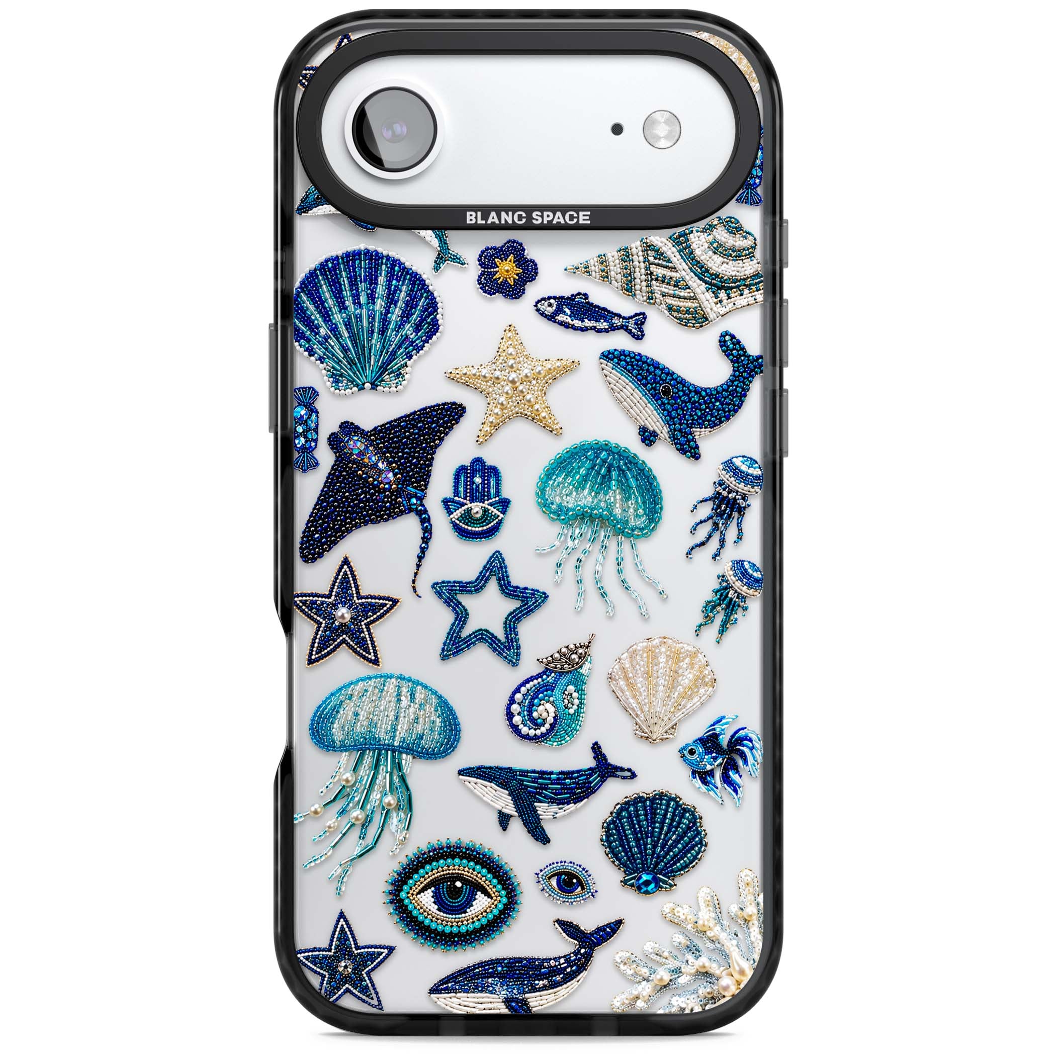 Beaded Coastal coastal iPhone case featuring embroidered seashells, jellyfish and a blue whale on clear | Clear Impact case for iPhone Air
