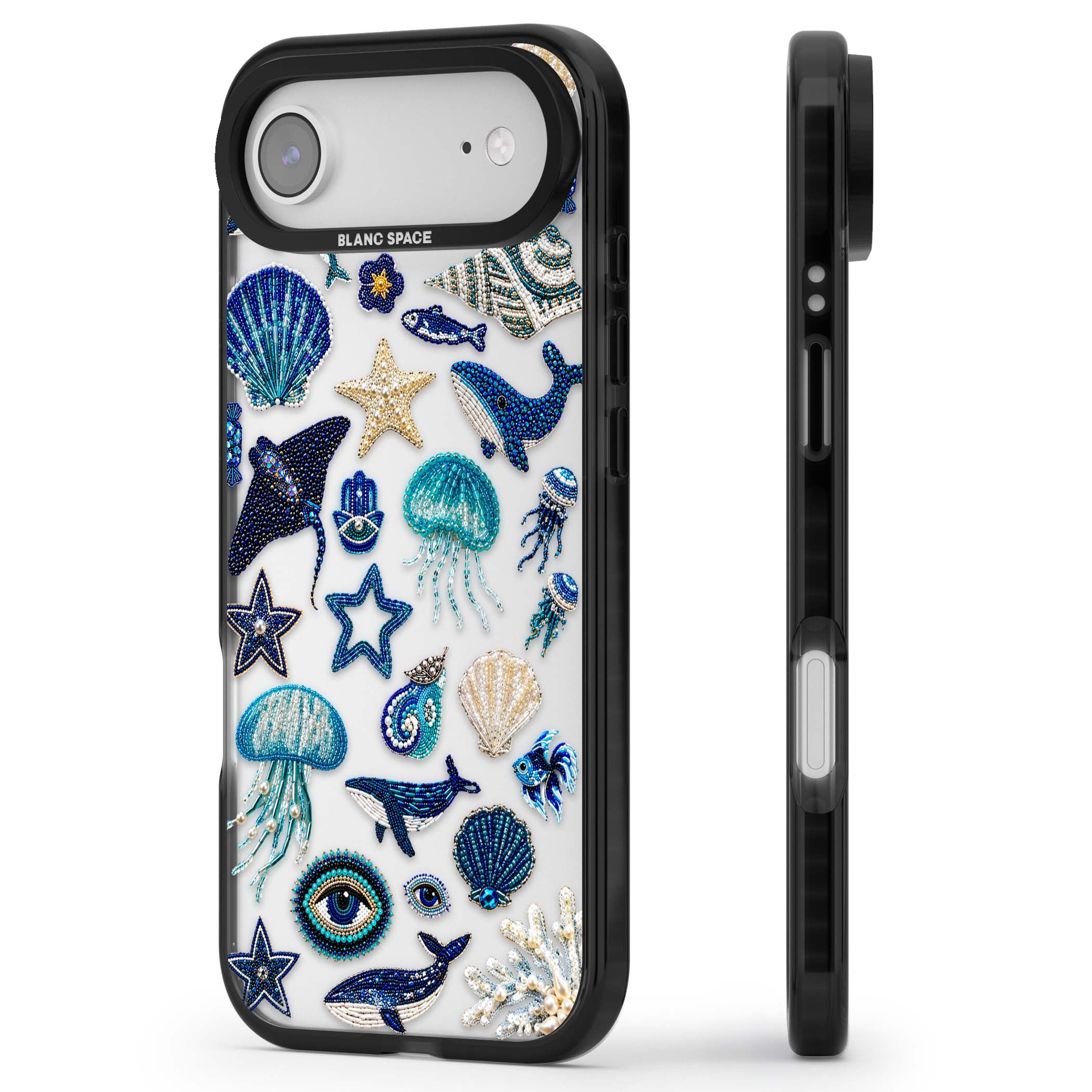 Beaded Coastal coastal iPhone case featuring embroidered seashells, jellyfish and a blue whale on clear | Clear Impact case for iPhone Air