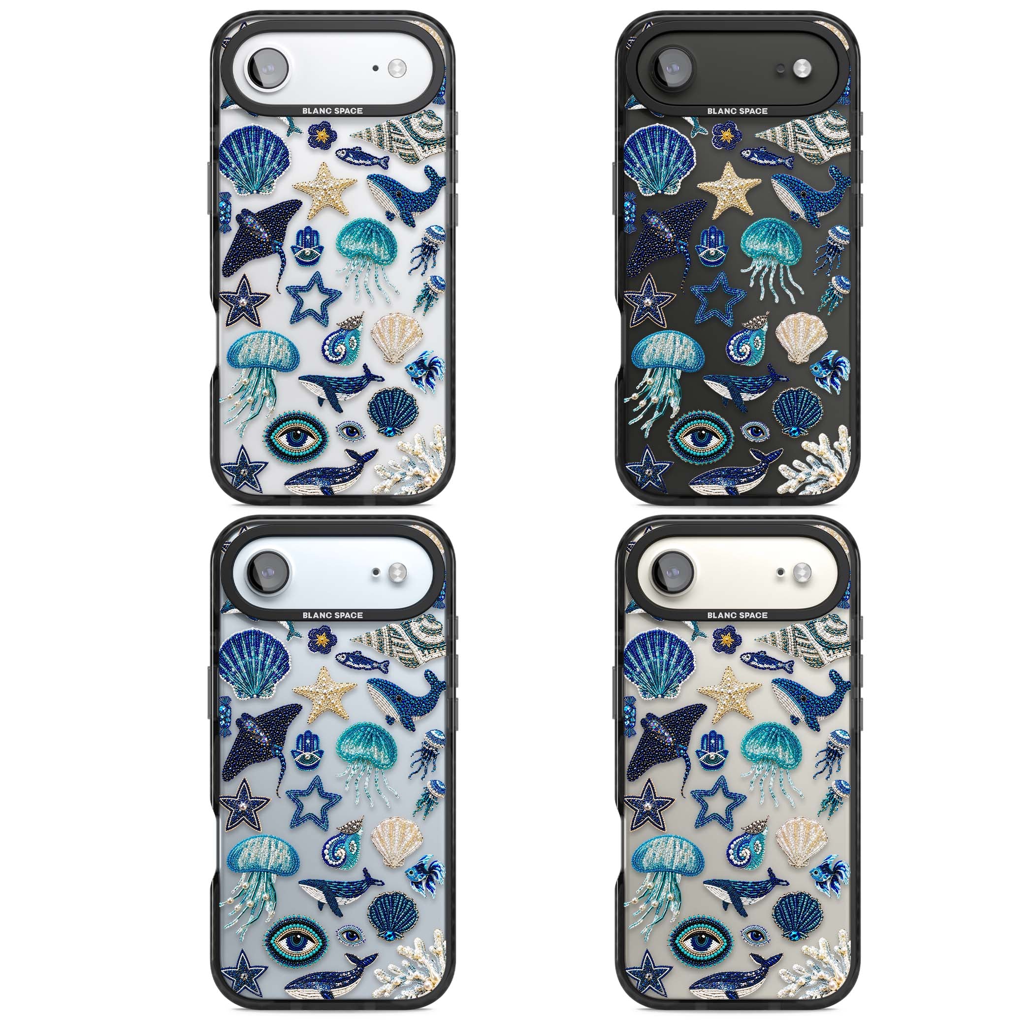 Beaded Coastal coastal iPhone case featuring embroidered seashells, jellyfish and a blue whale on clear | Clear Impact case for iPhone Air