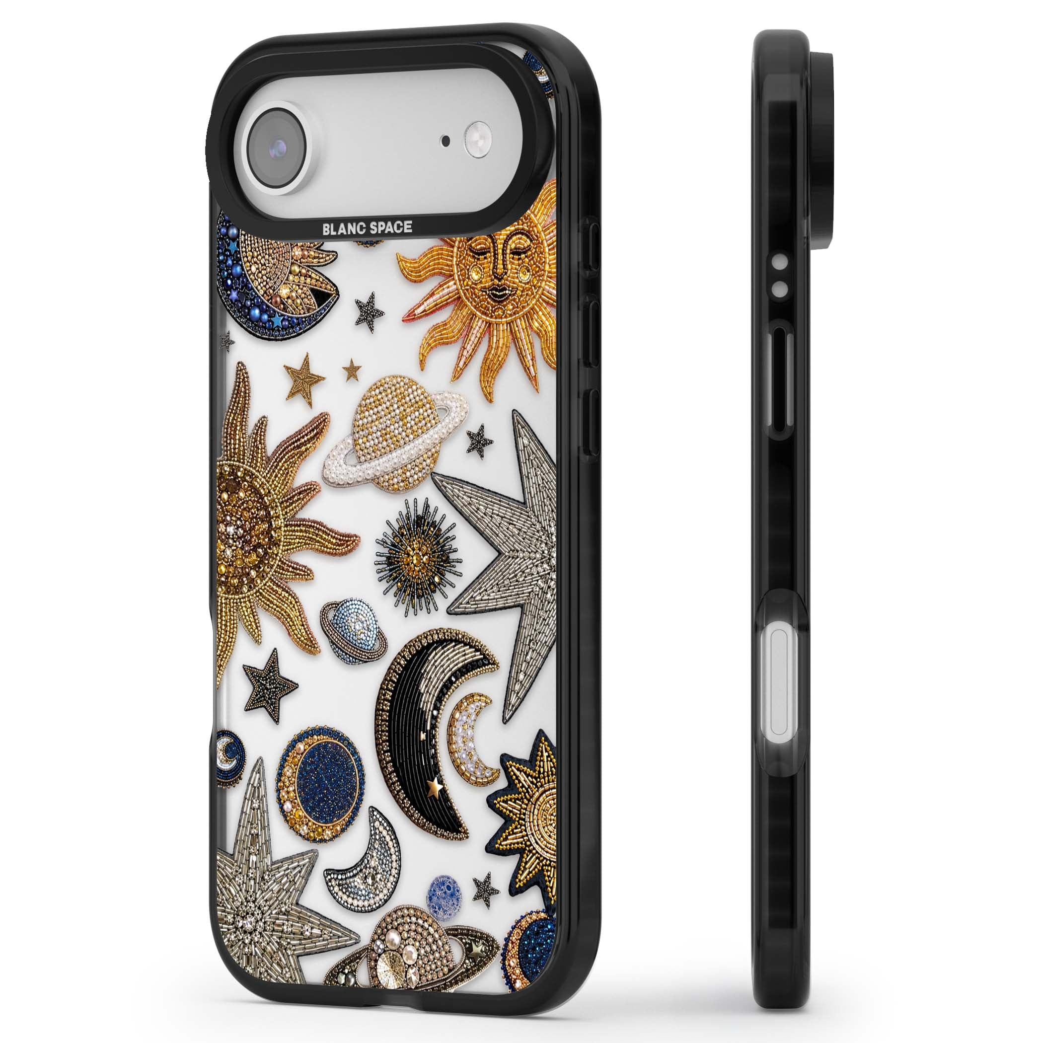 Beaded Cosmos celestial iPhone case featuring embroidered golden suns, beaded planets and silver shooting stars | Clear Impact case for iPhone Air