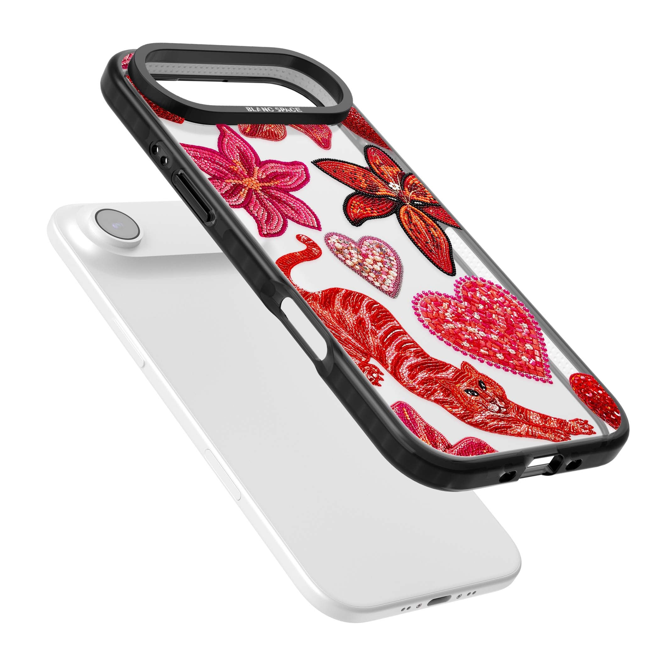Beaded Boho floral iPhone case featuring beaded red lilies, a stitched tiger, and pearl-encrusted hearts on clear | Clear Impact case for iPhone Air