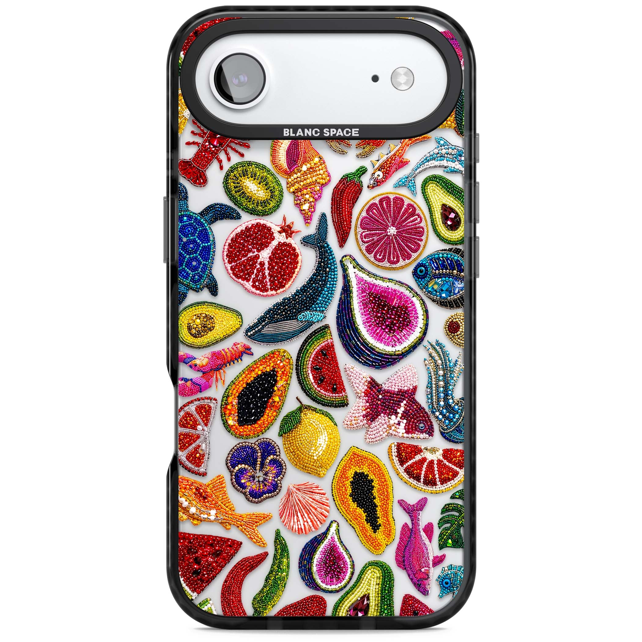 Beaded Tropic tropical iPhone case featuring beaded fruit, fish, crabs and seashells in vibrant colour | Clear Impact case for iPhone Air