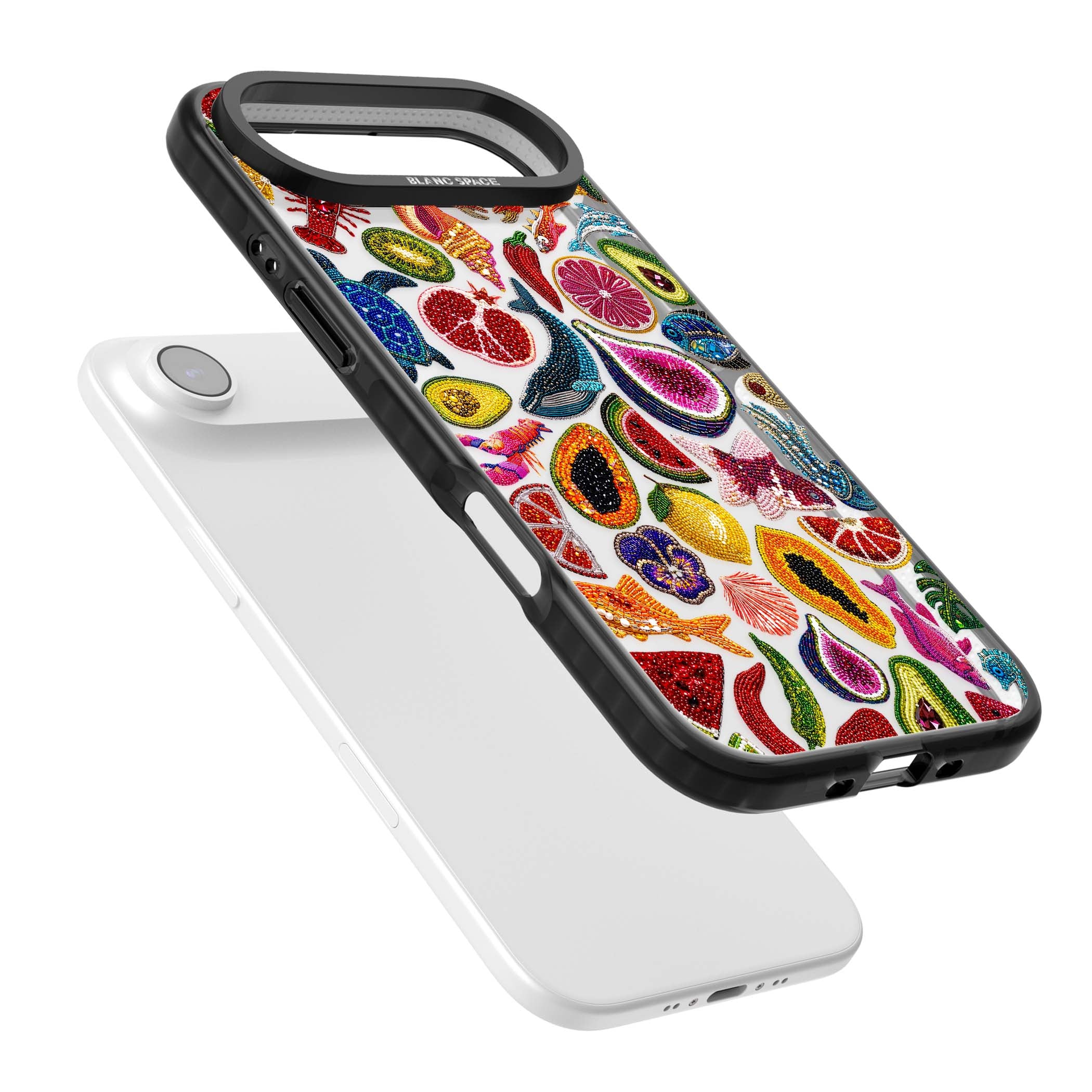 Beaded Tropic tropical iPhone case featuring beaded fruit, fish, crabs and seashells in vibrant colour | Clear Impact case for iPhone Air