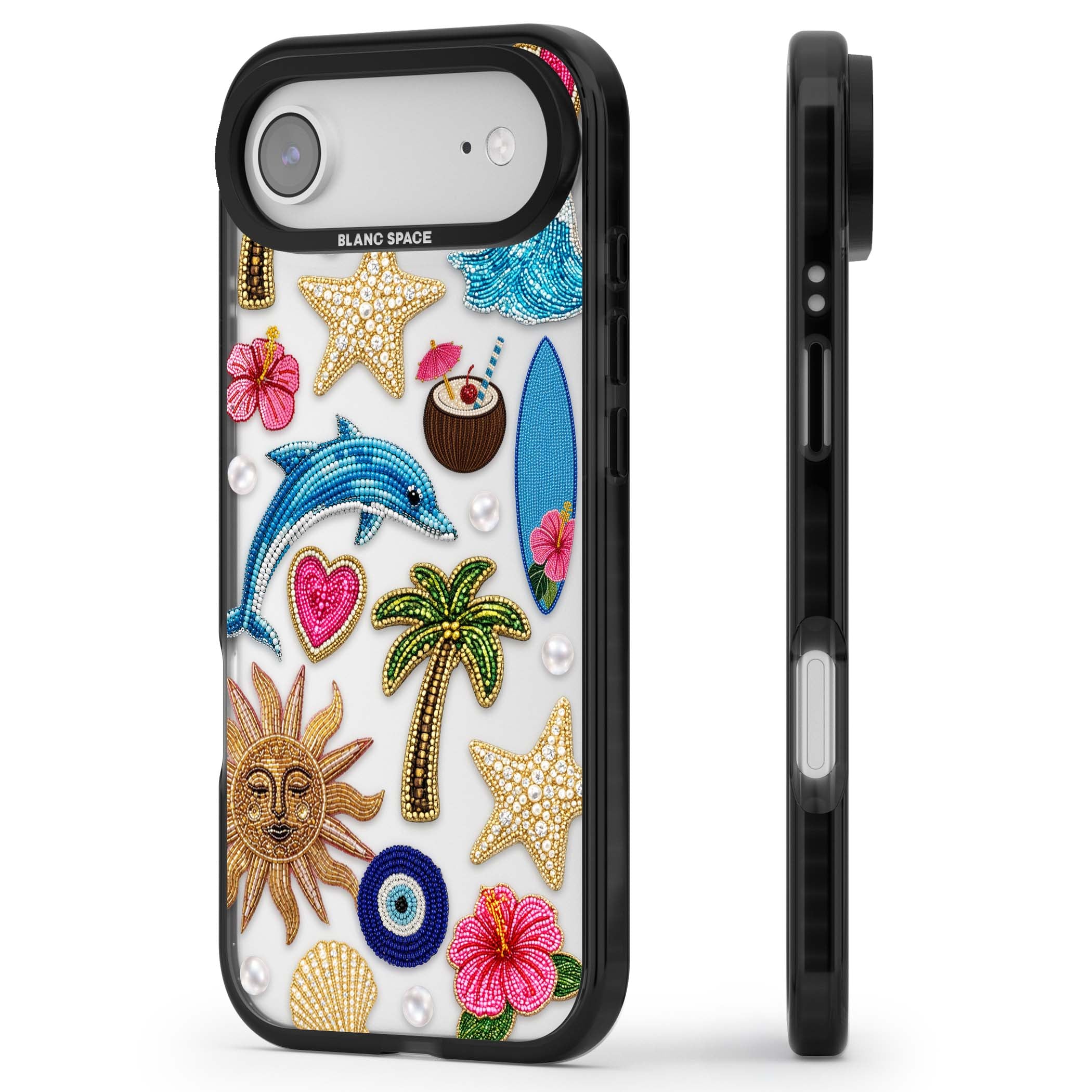 Beaded Beach coastal summer iPhone case featuring embroidered evil eye, hibiscus flowers, dolphin and palm tree patches | Clear Impact case for iPhone Air