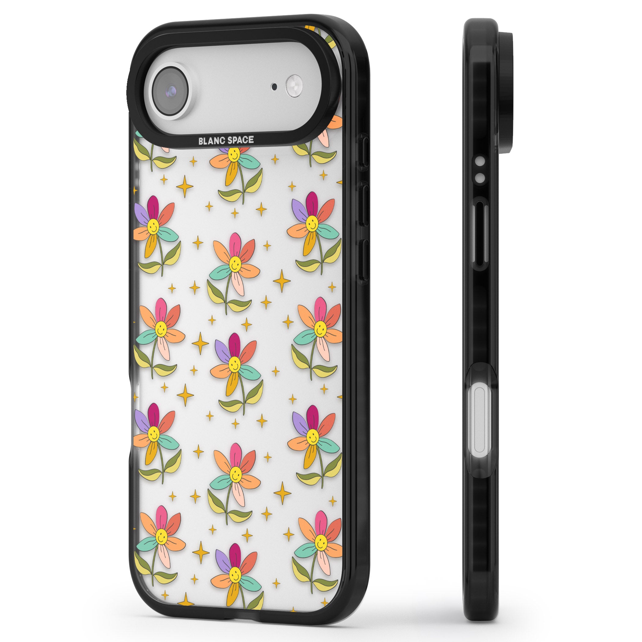 Boho Celestial Happy Flower iPhone 17 Air Impact Black Phone Case Side Profile