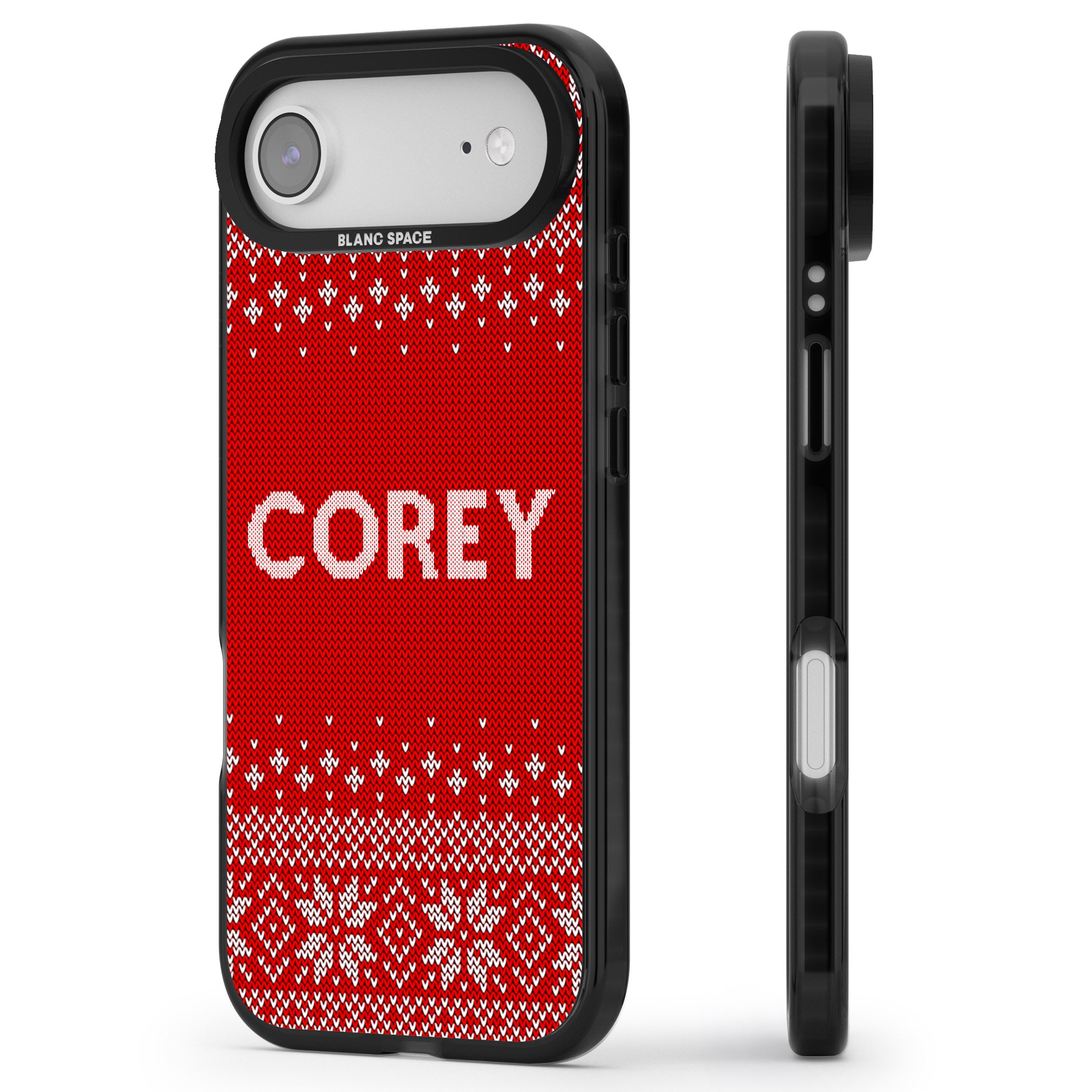 Personalised Red Christmas Knit iPhone 17 Air Impact Black Phone Case Side Profile