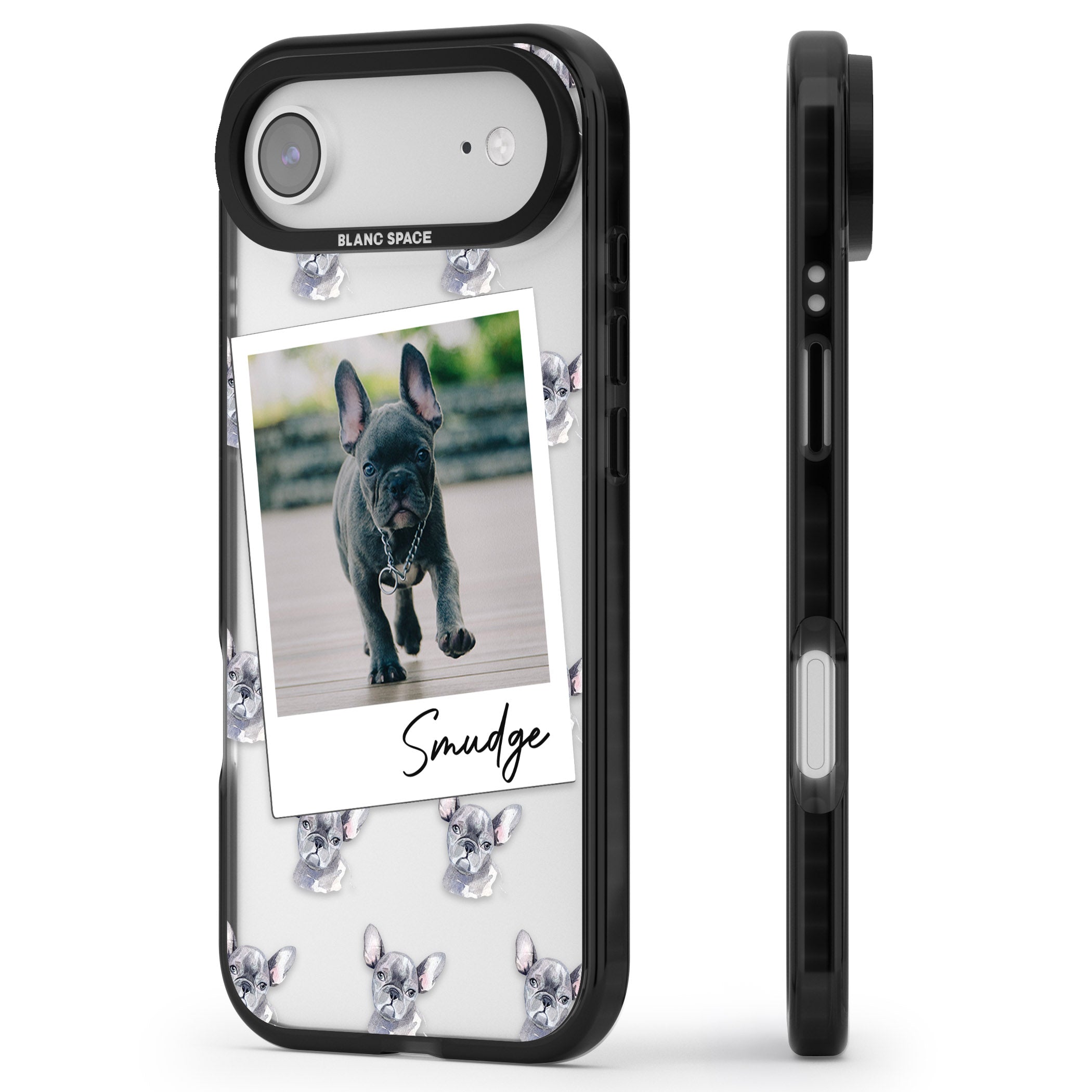 Personalised Grey French Bulldog Instant Camera Photo iPhone 17 Air Impact Black Phone Case Side Profile