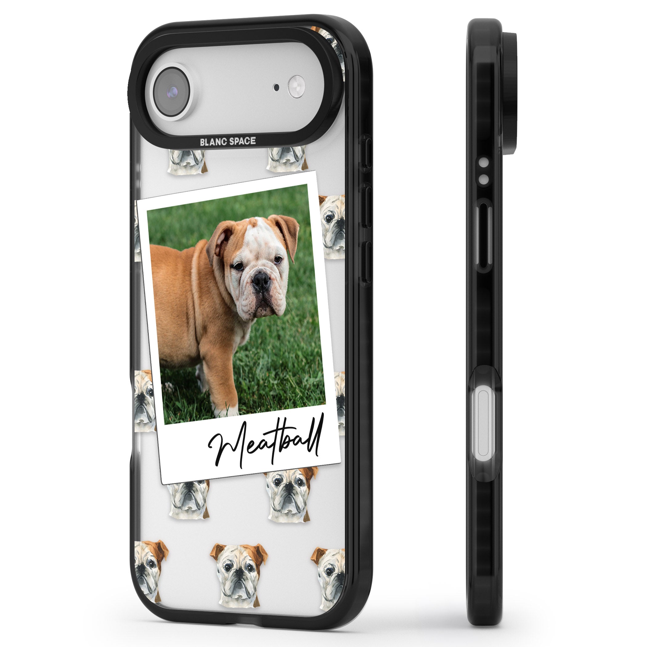 Personalised English Bulldog Instant Camera Photo iPhone 17 Air Impact Black Phone Case Side Profile