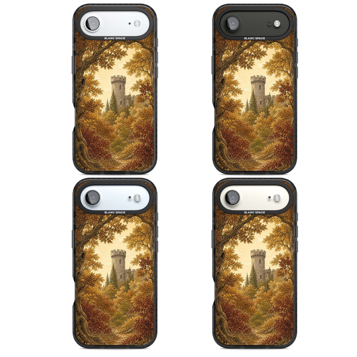 Autumn Keep cottagecore iPhone case featuring a medieval castle tower framed by golden autumn trees and woodland foliage | Clear Impact case for iPhone Air