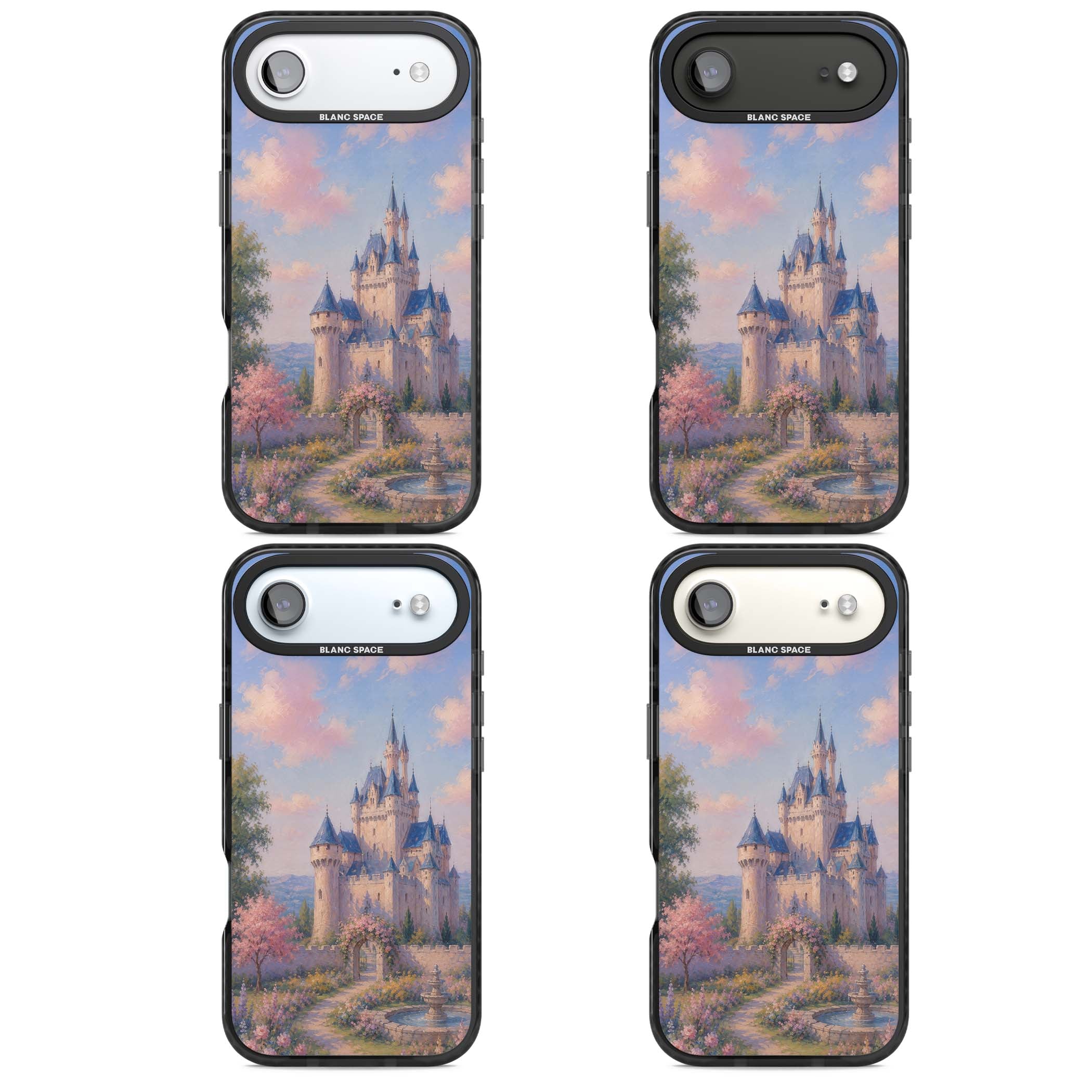 Enchanted Kingdom fairytale iPhone case featuring a romantic castle painting with cherry blossoms and pastel pink sky | Clear Impact case for iPhone Air