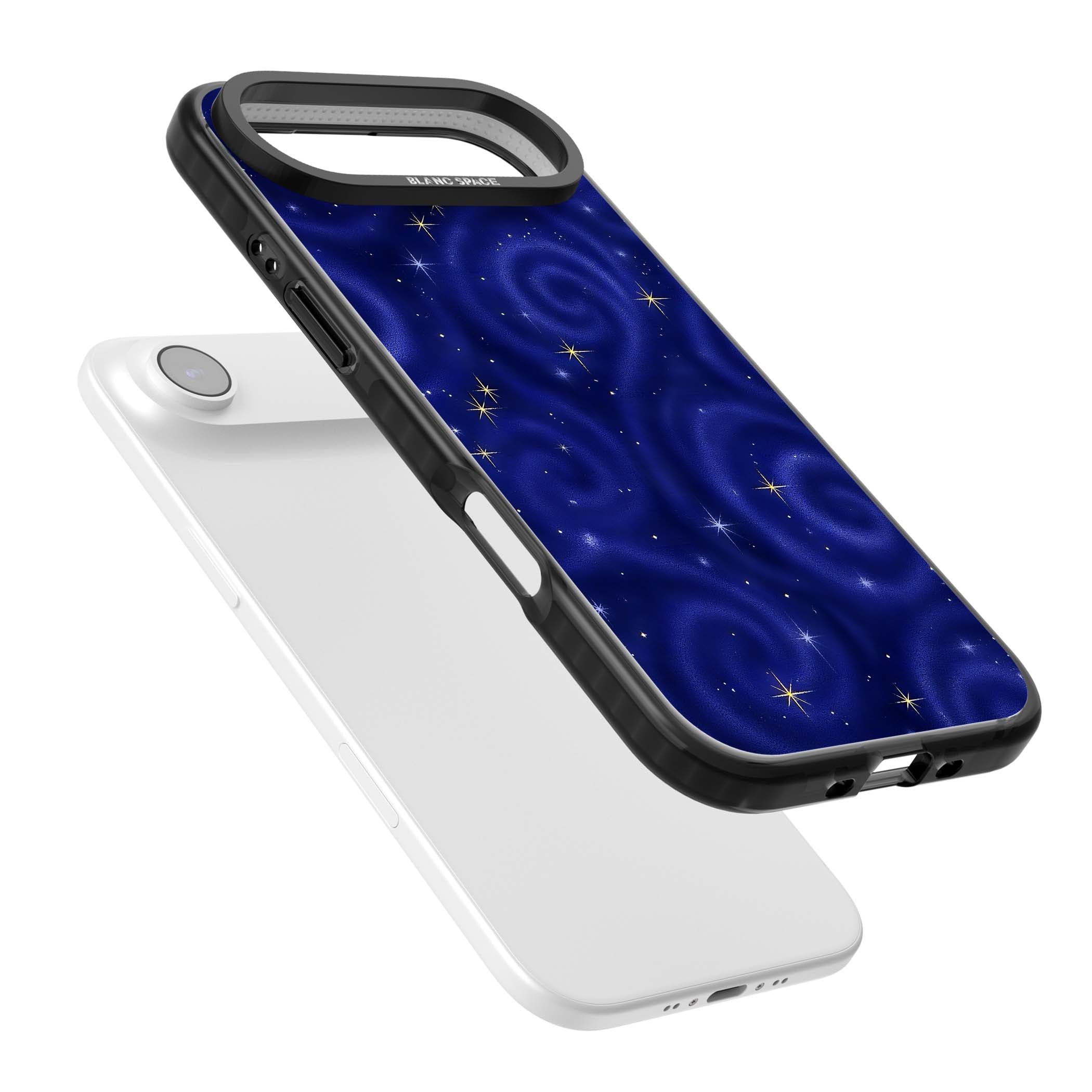 Indigo Cosmos celestial iPhone case featuring swirling navy night sky and sparkling golden stars | Clear Impact case for iPhone Air