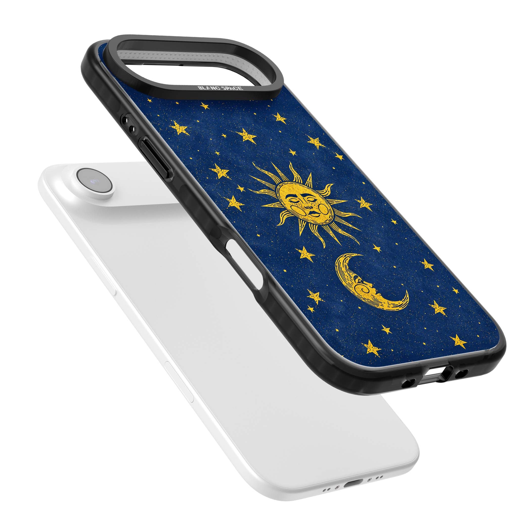 Sun & Moon Reverie celestial iPhone case featuring a vintage golden sun, crescent moon and scattered stars on midnight blue | Clear Impact case for iPhone Air