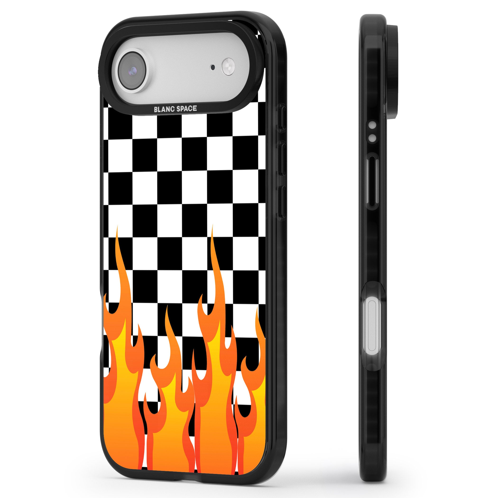 Checkered Fire iPhone 17 Air Impact Black Phone Case Side Profile
