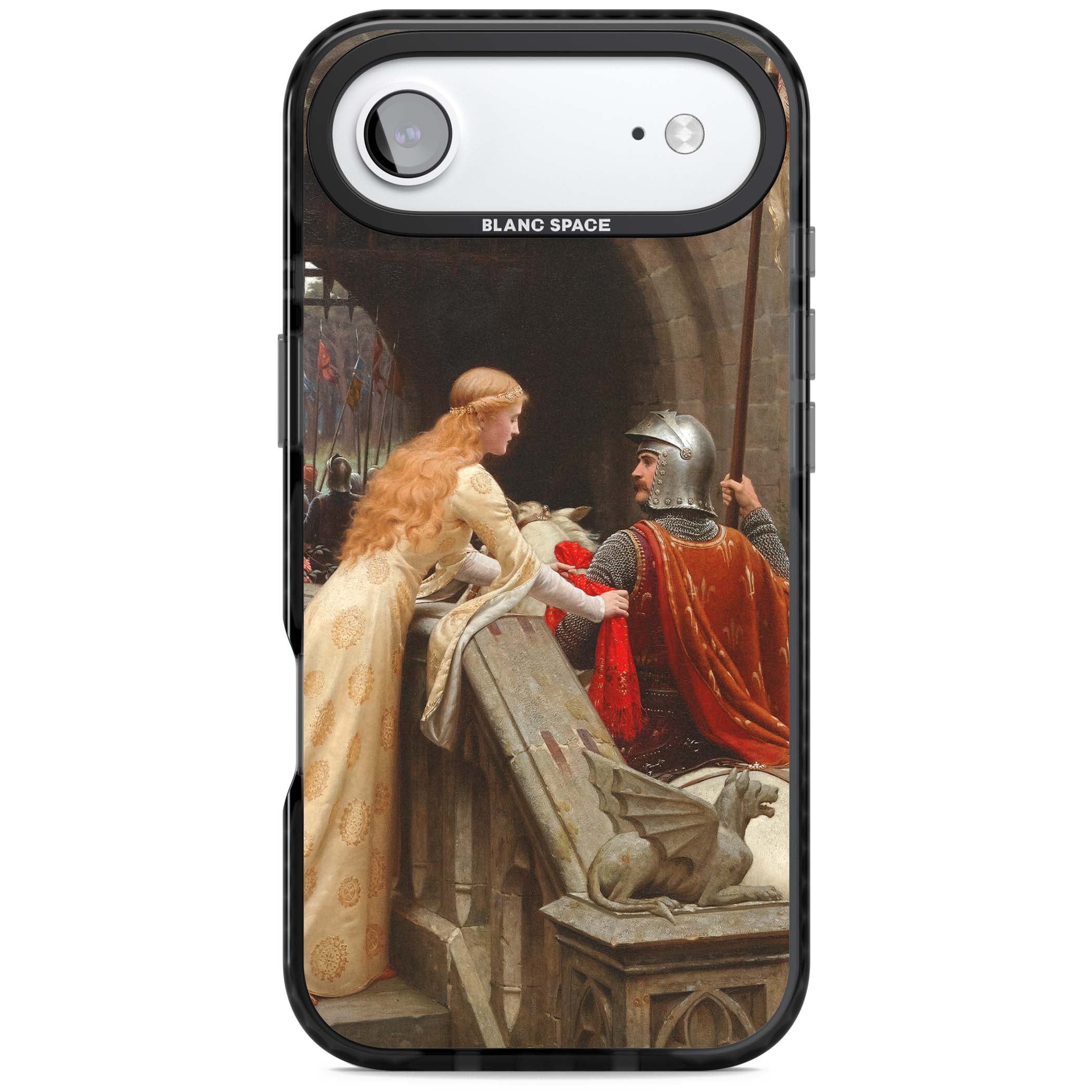 God Speed fine art iPhone case featuring Edmund Blair Leighton's medieval knight and lady beneath a stone archway | Clear Impact case for iPhone Air