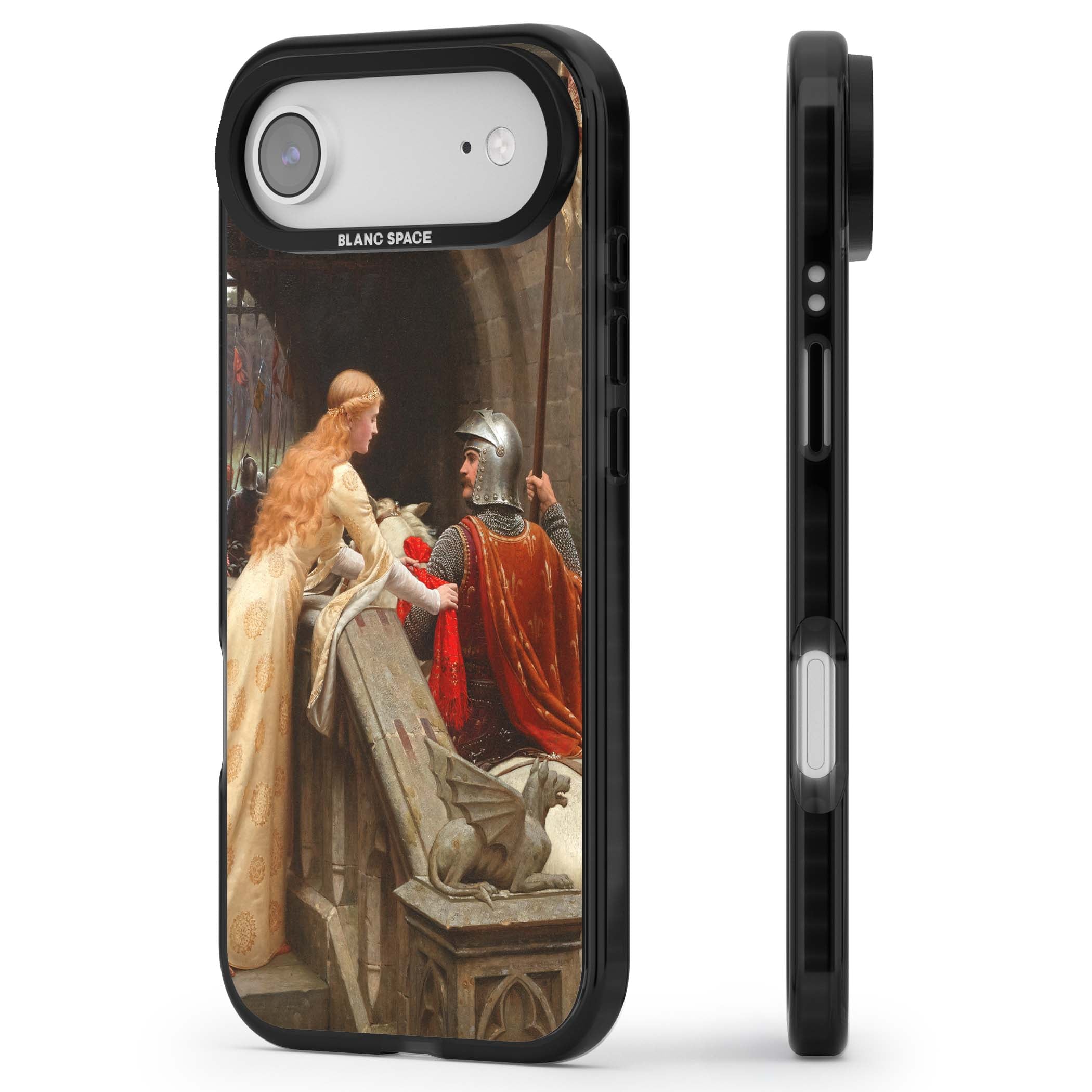 God Speed fine art iPhone case featuring Edmund Blair Leighton's medieval knight and lady beneath a stone archway | Clear Impact case for iPhone Air