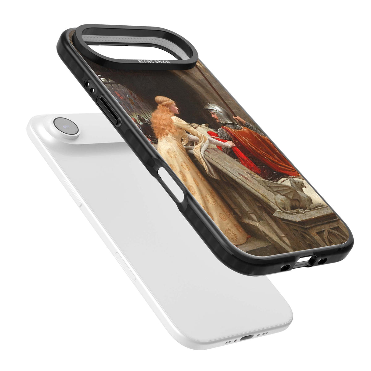 God Speed fine art iPhone case featuring Edmund Blair Leighton's medieval knight and lady beneath a stone archway | Clear Impact case for iPhone Air