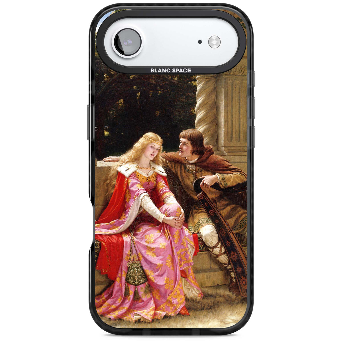The End of the Song classic art iPhone case featuring a medieval lady in pink gown and her knight in a stone archway | Clear Impact case for iPhone Air
