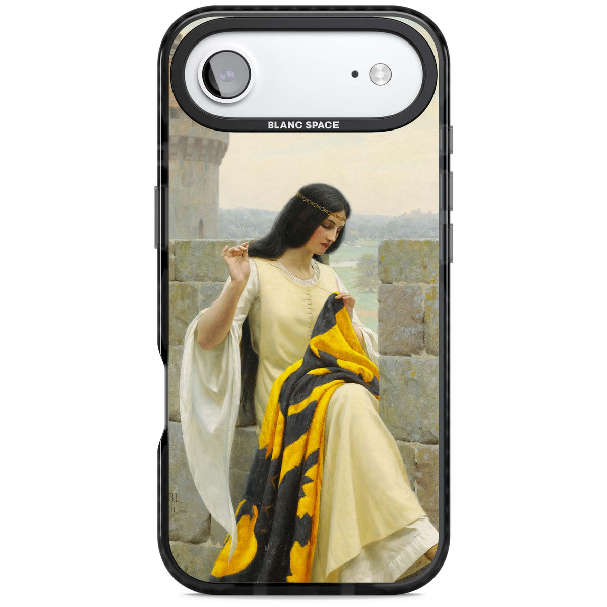 Stitching the Standard renaissance art iPhone case featuring a medieval lady sewing a golden banner on a castle wall | Clear Impact case for iPhone Air