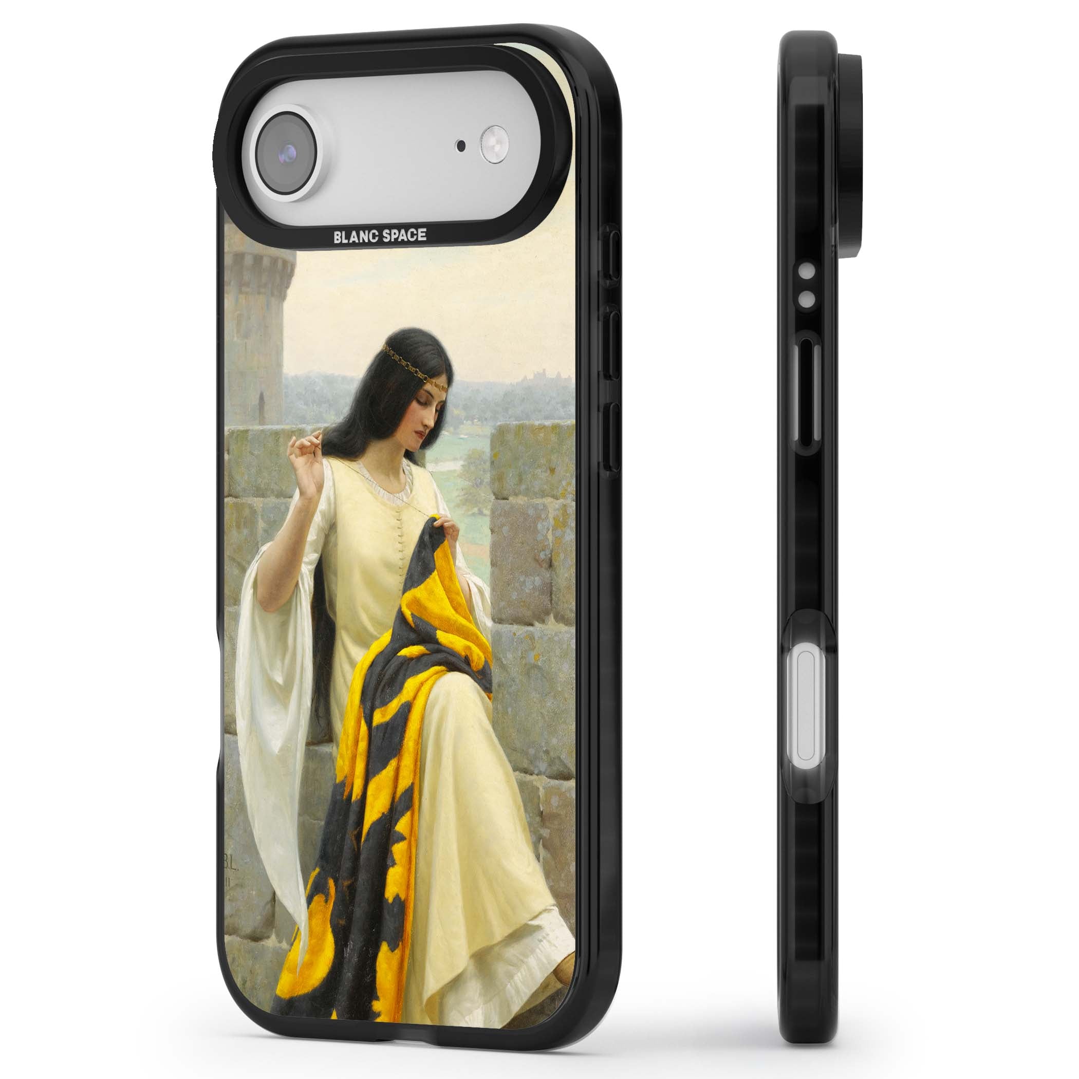 Stitching the Standard renaissance art iPhone case featuring a medieval lady sewing a golden banner on a castle wall | Clear Impact case for iPhone Air