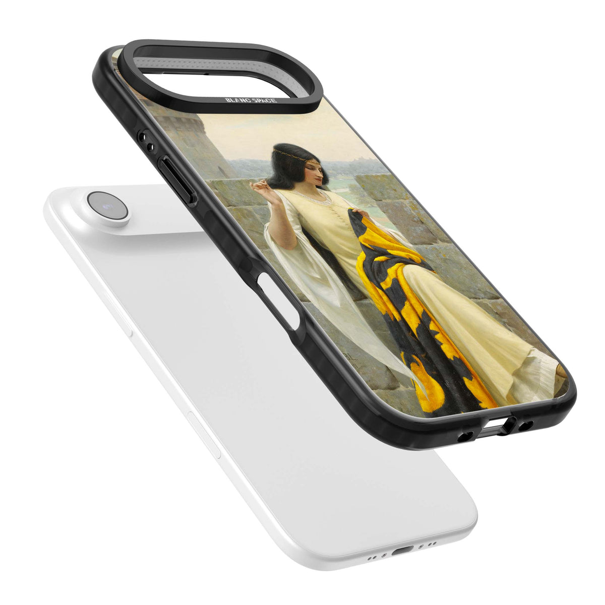Stitching the Standard renaissance art iPhone case featuring a medieval lady sewing a golden banner on a castle wall | Clear Impact case for iPhone Air