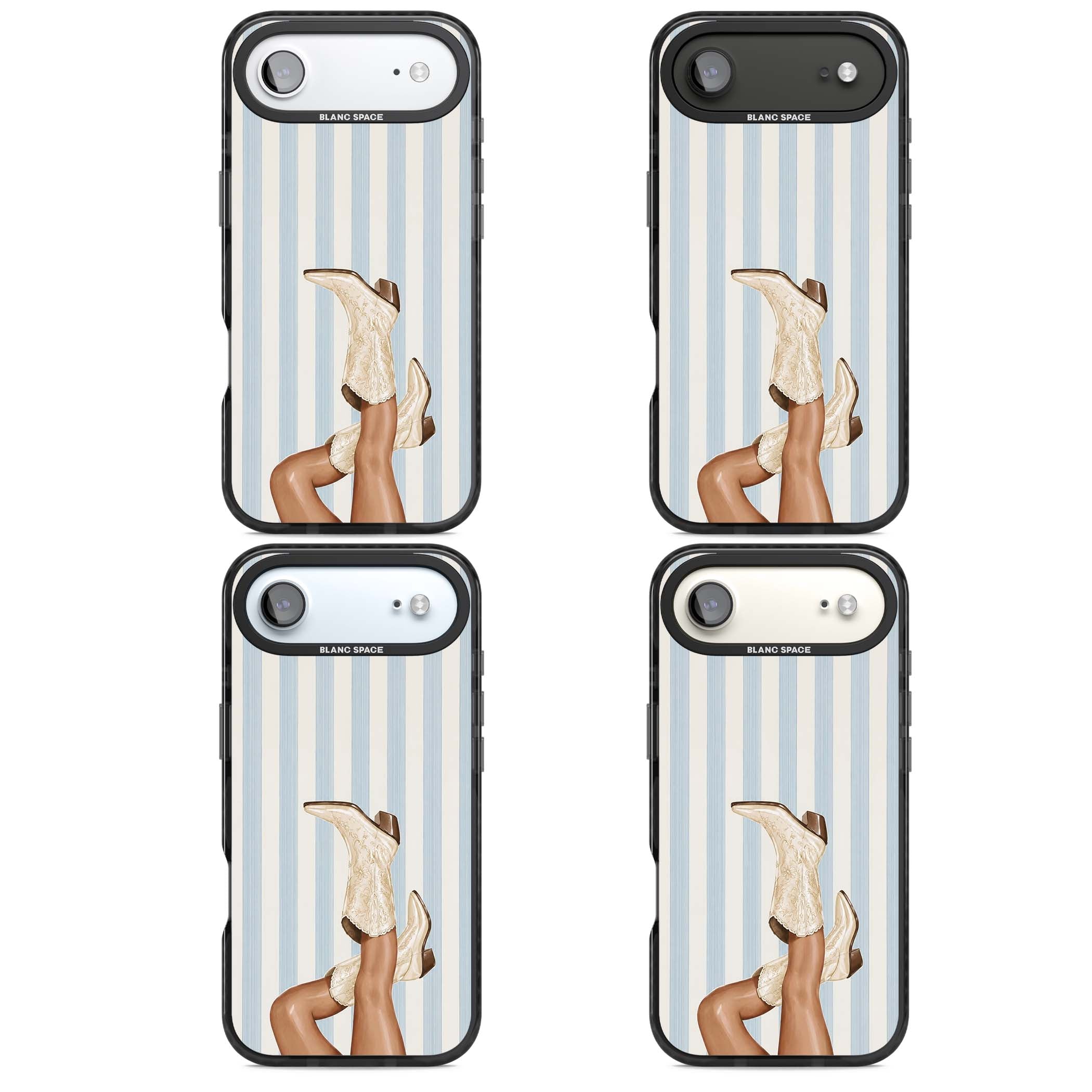 Cowgirl Boots coastal cowgirl iPhone case featuring embroidered western boots, tanned legs and a blue stripe backdrop | Clear Impact case for iPhone Air