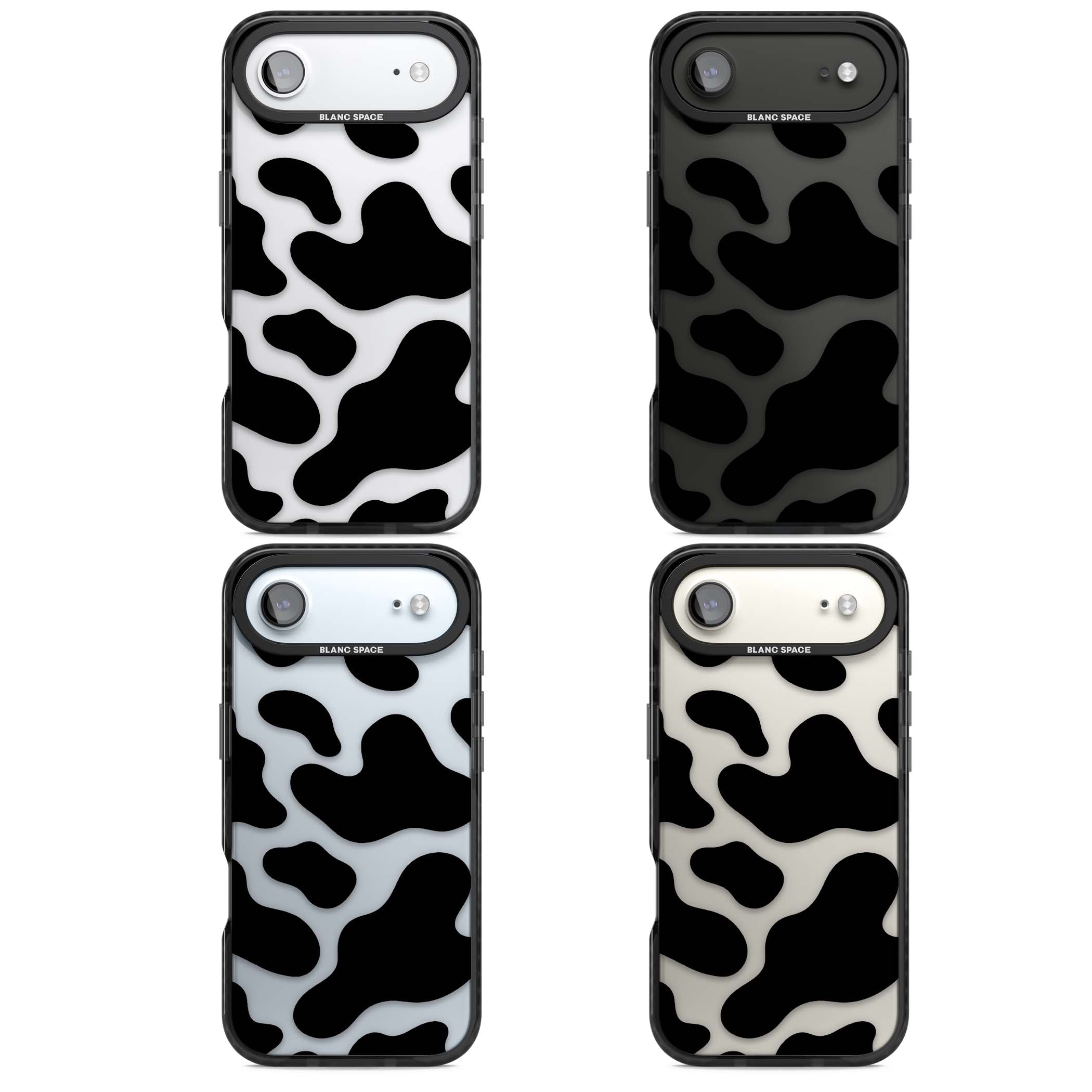 Clear Cow Print cow print iPhone case featuring black and white cow pattern splotches on a clear background | Clear Impact case for iPhone Air