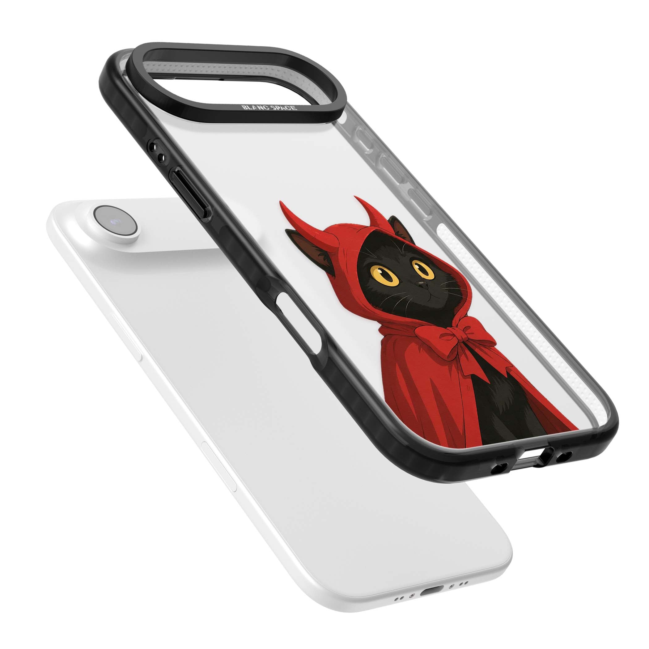 Little Devil halloween iPhone case featuring a black cat in a red hooded devil cloak with horns and golden eyes | Clear Impact case for iPhone Air