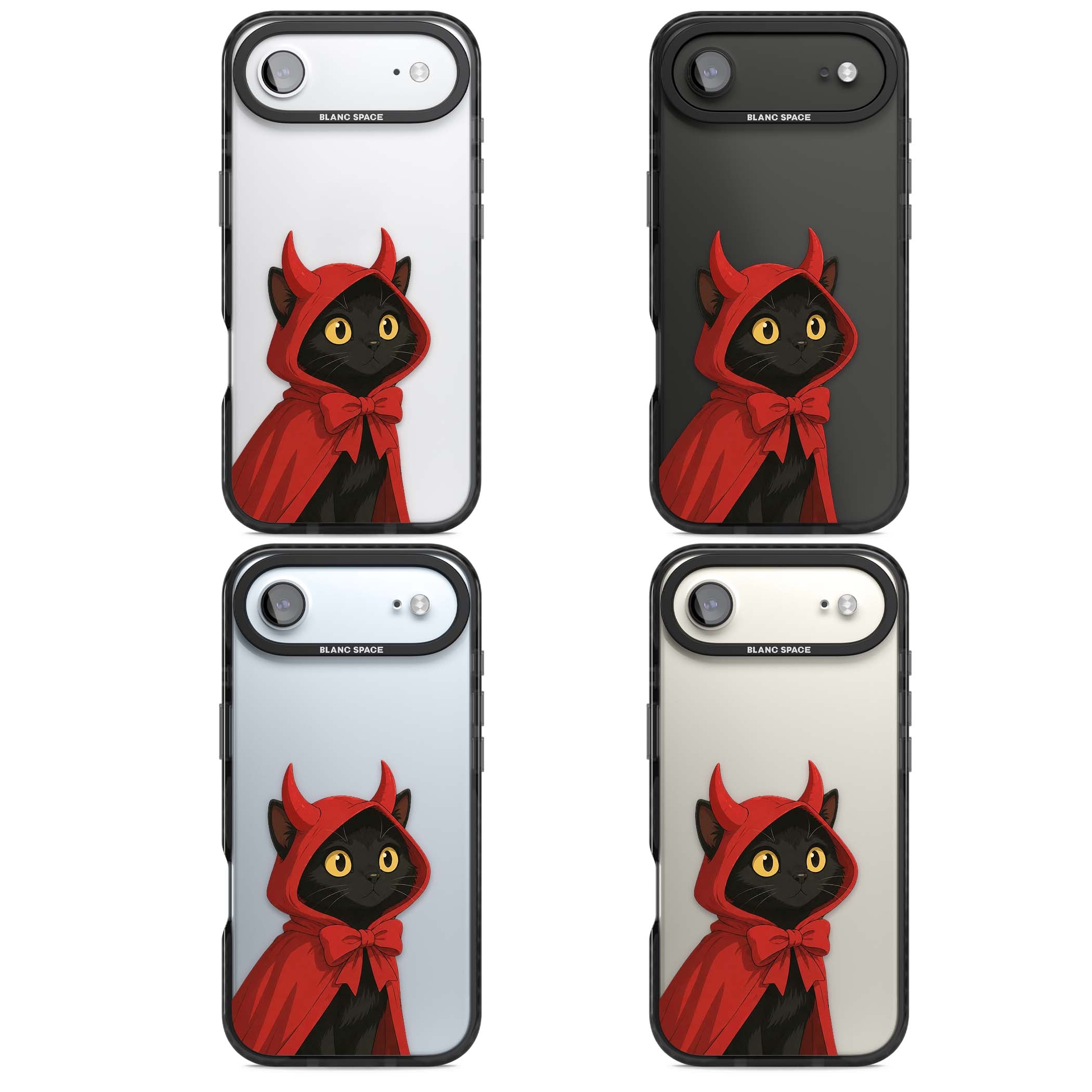 Little Devil halloween iPhone case featuring a black cat in a red hooded devil cloak with horns and golden eyes | Clear Impact case for iPhone Air