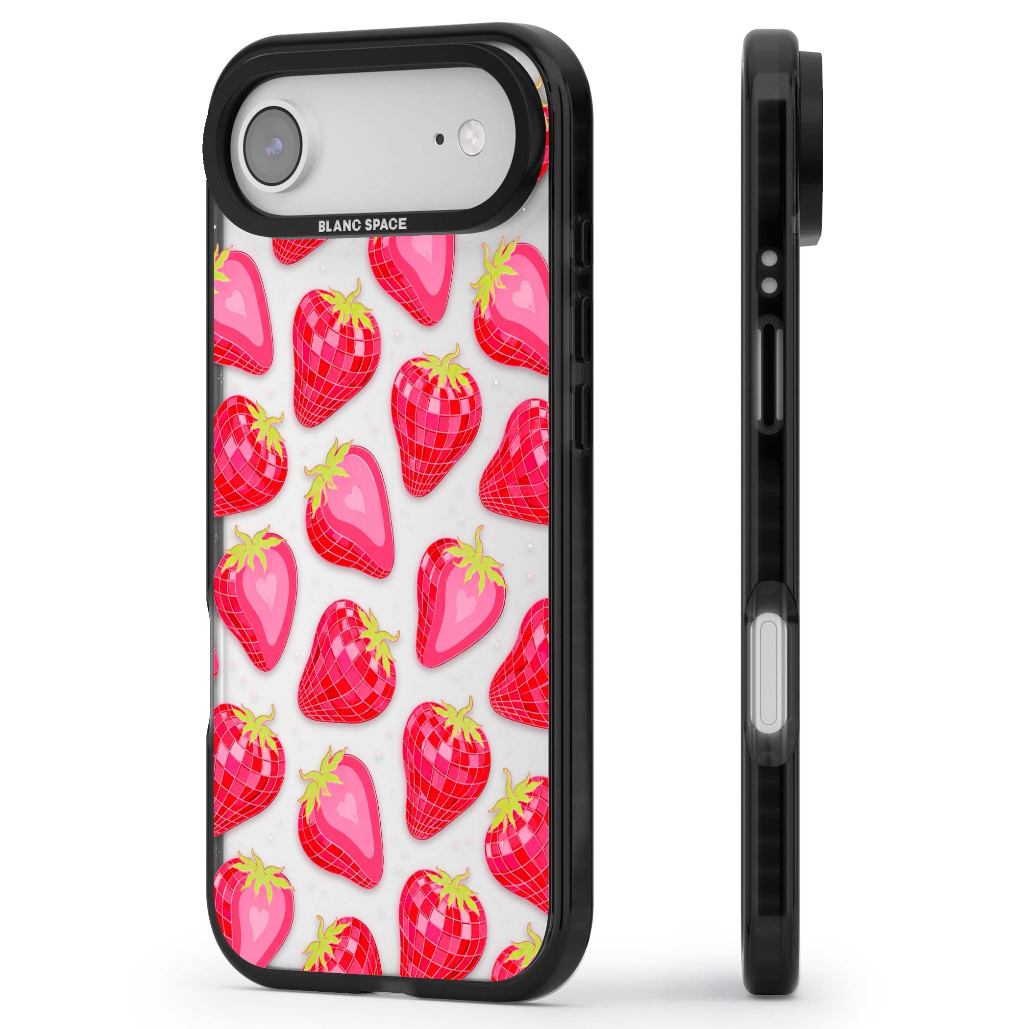 Disco Strawberry Y2K iPhone case featuring pink disco-ball strawberries, green leaves and tiny sparkles | Clear Impact case for iPhone Air