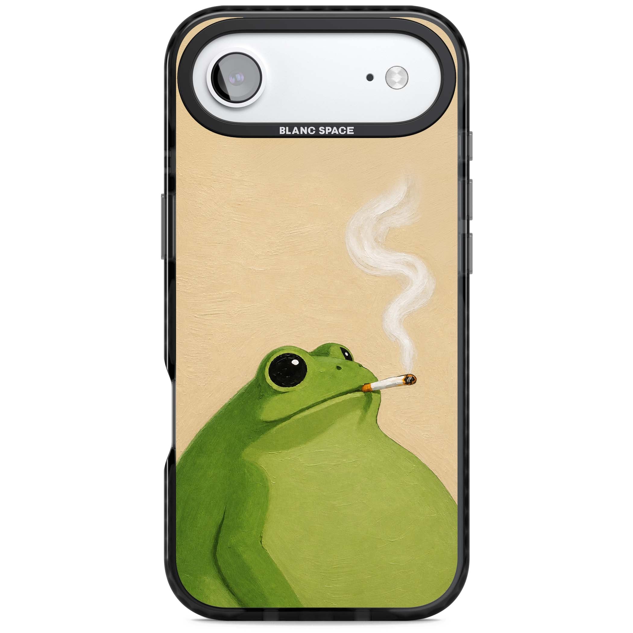The Smoking Frog cottagecore iPhone case featuring a hand-painted green frog smoking a cigarette on a cream oil painting back | Clear Impact case for iPhone Air