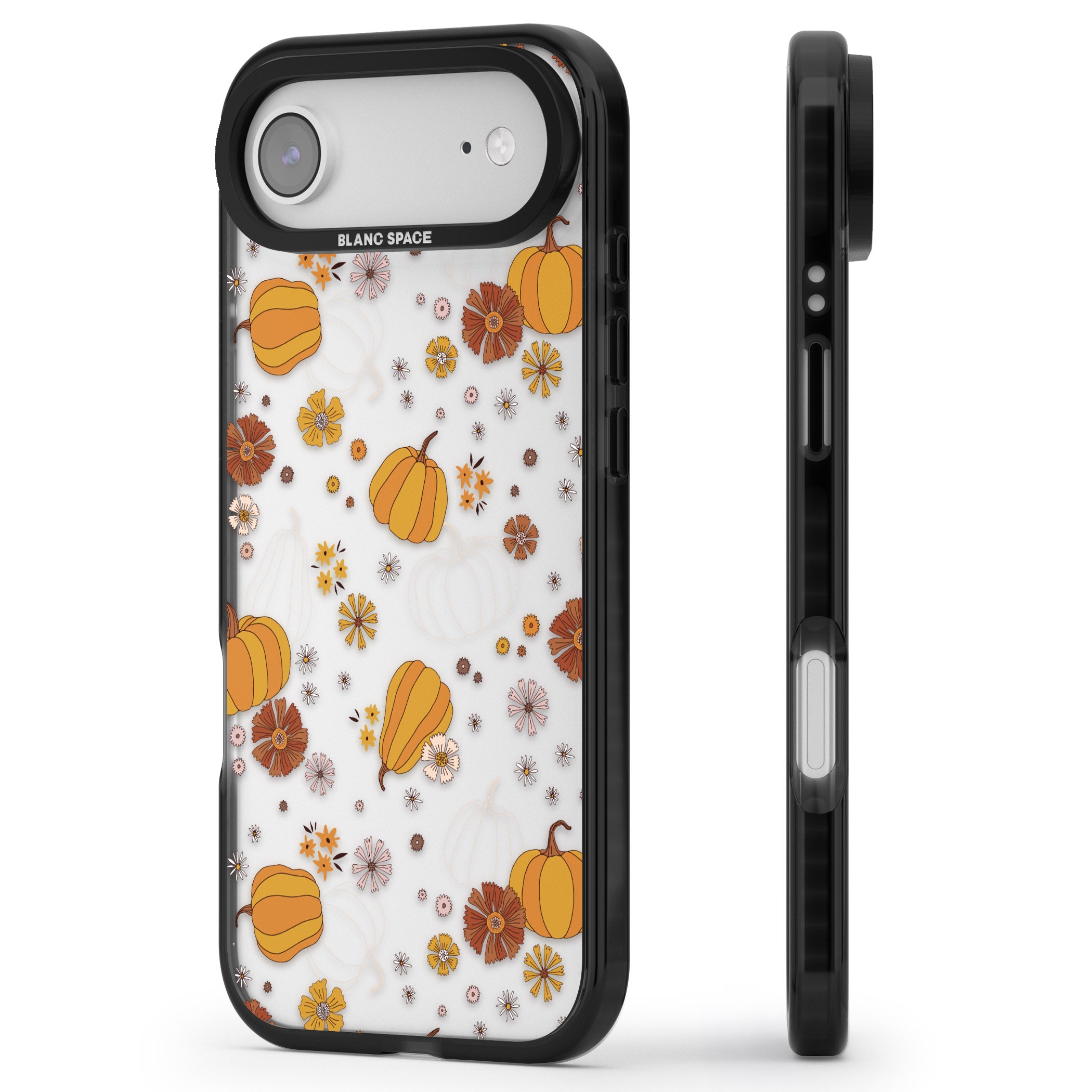 Halloween Pumpkins And Flowers iPhone 17 Air Impact Black Phone Case Side Profile