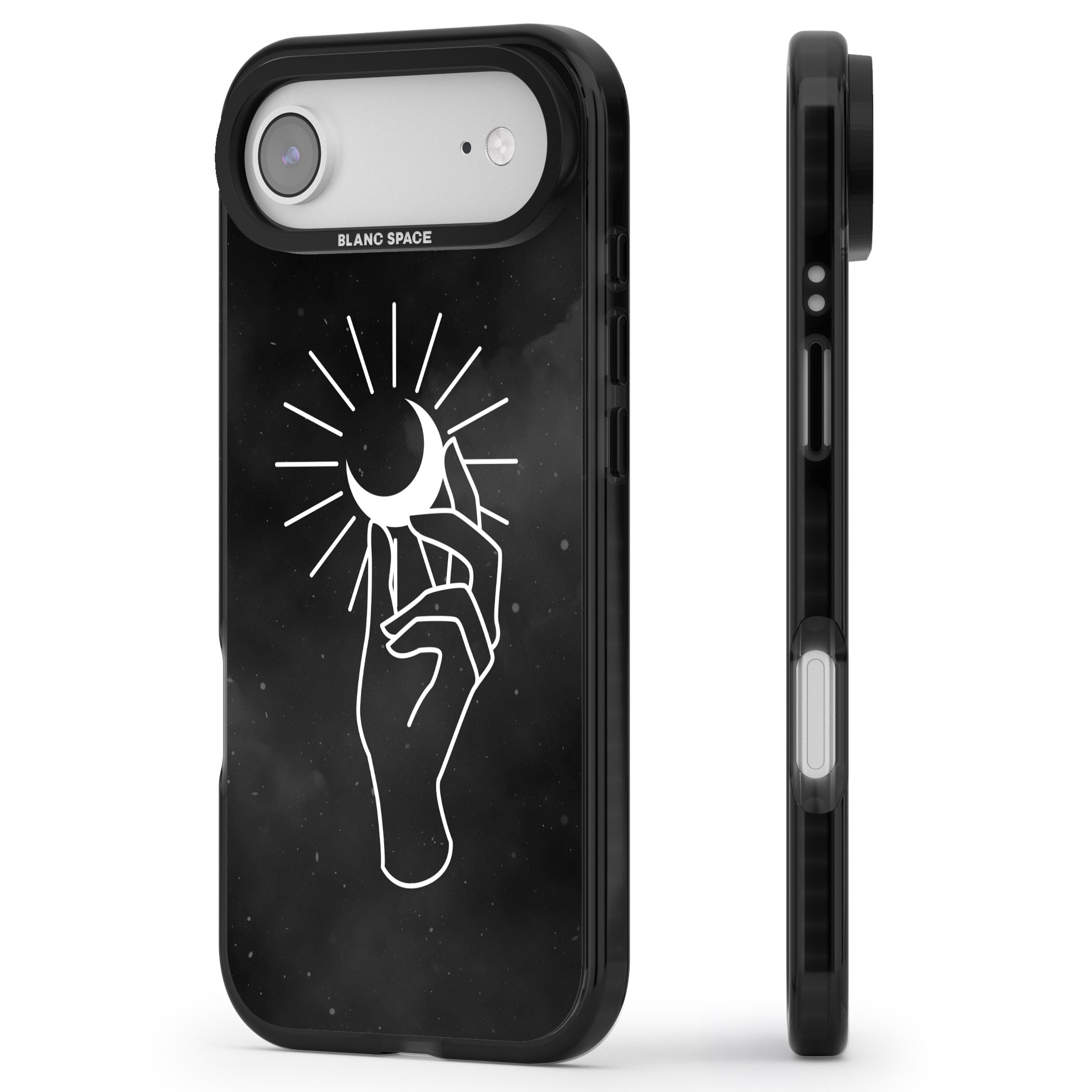 Hand Holding Celestial Moon iPhone 17 Air Impact Black Phone Case Side Profile