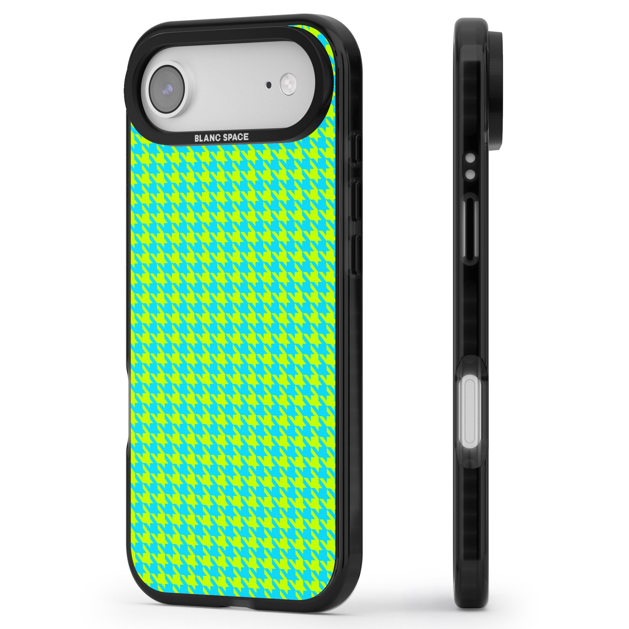 Neon Lime & Turquoise Houndstooth iPhone 17 Air Impact Black Phone Case Side Profile