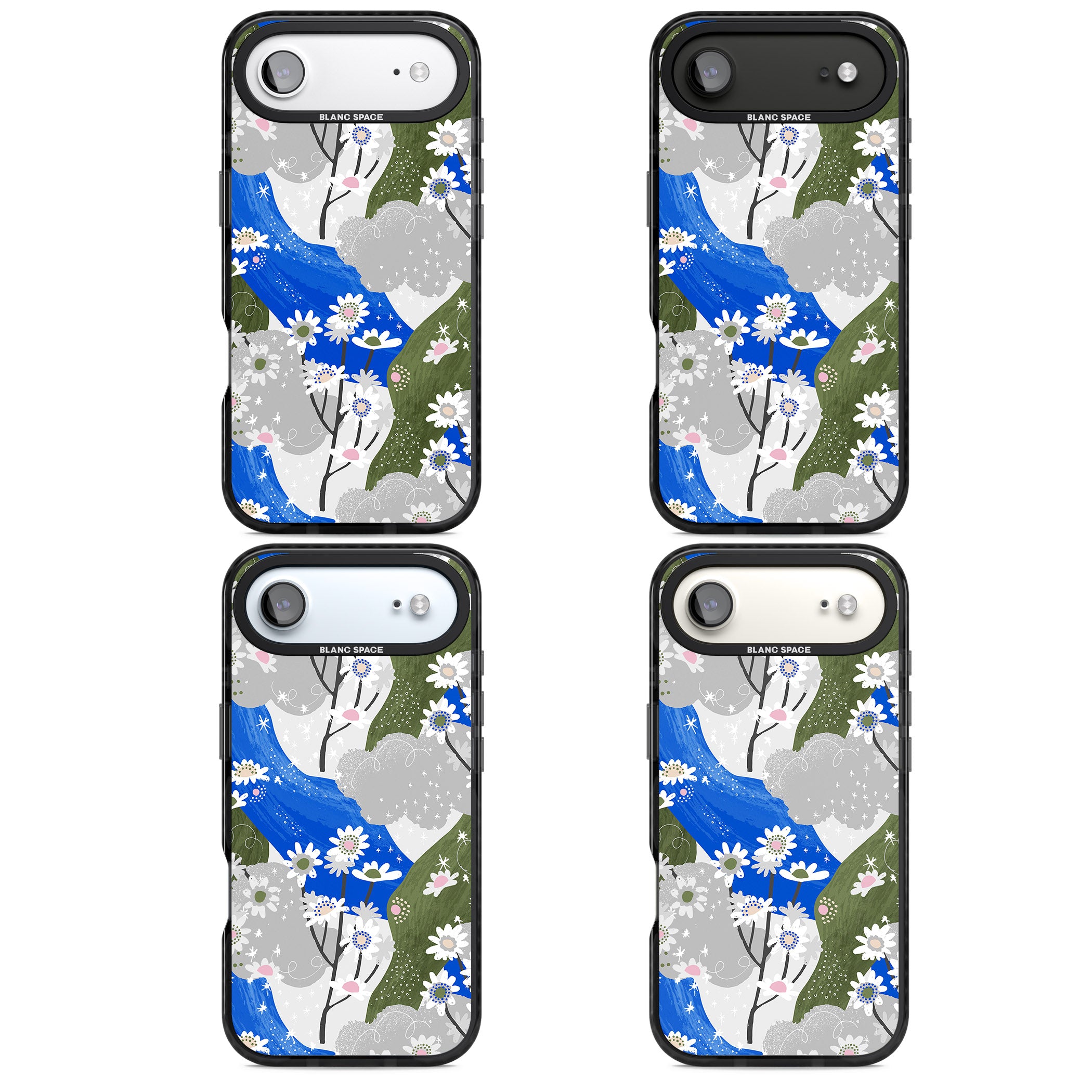 Blue & Grey Daisies Pattern iPhone 17 Air Impact Pro Black Phone Case APT Impact Protection