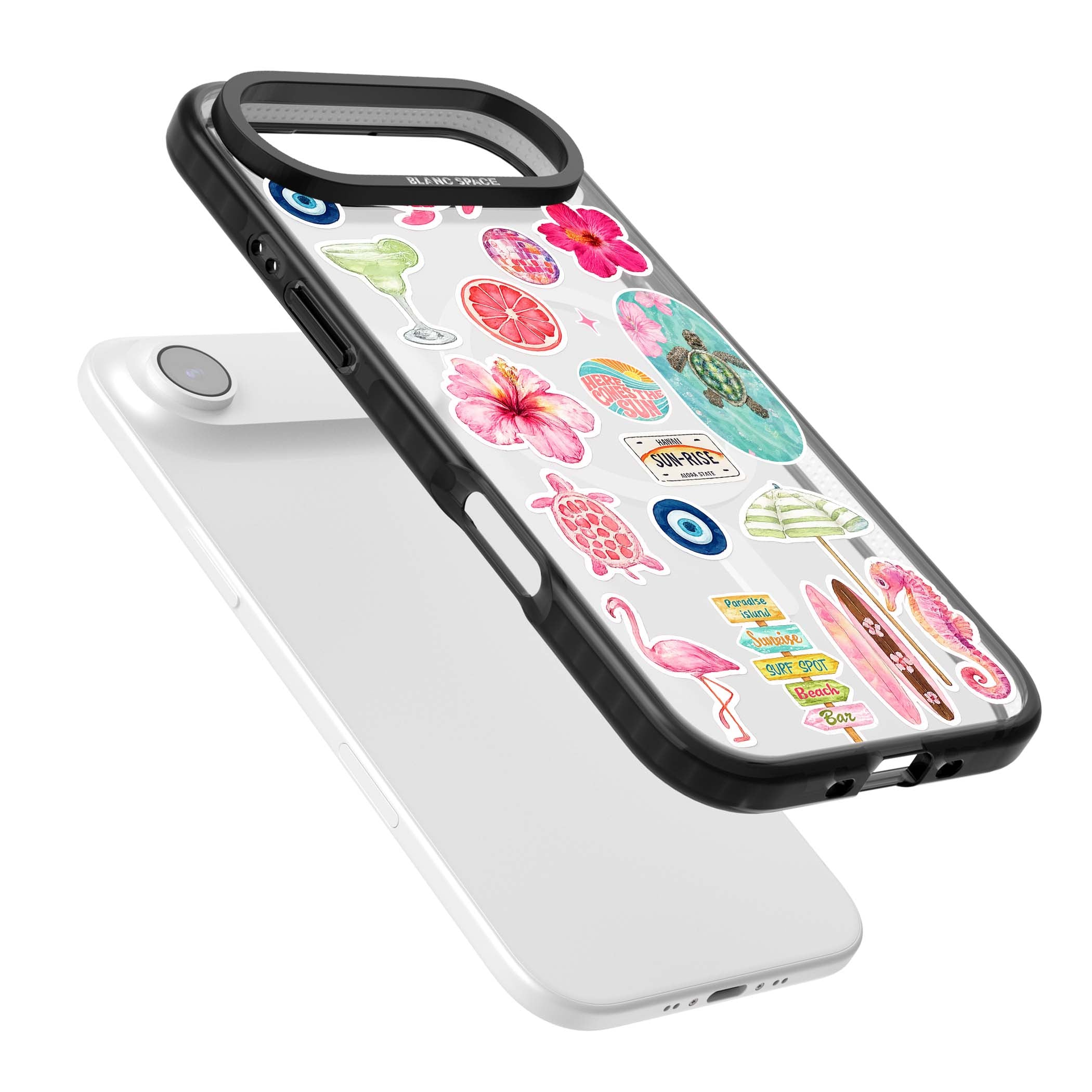 Aloha Sticker Mix tropical summer iPhone case featuring pink hibiscus, sea turtles, flamingo and beach umbrella stickers | Black Impact Magsafe case for iPhone Air