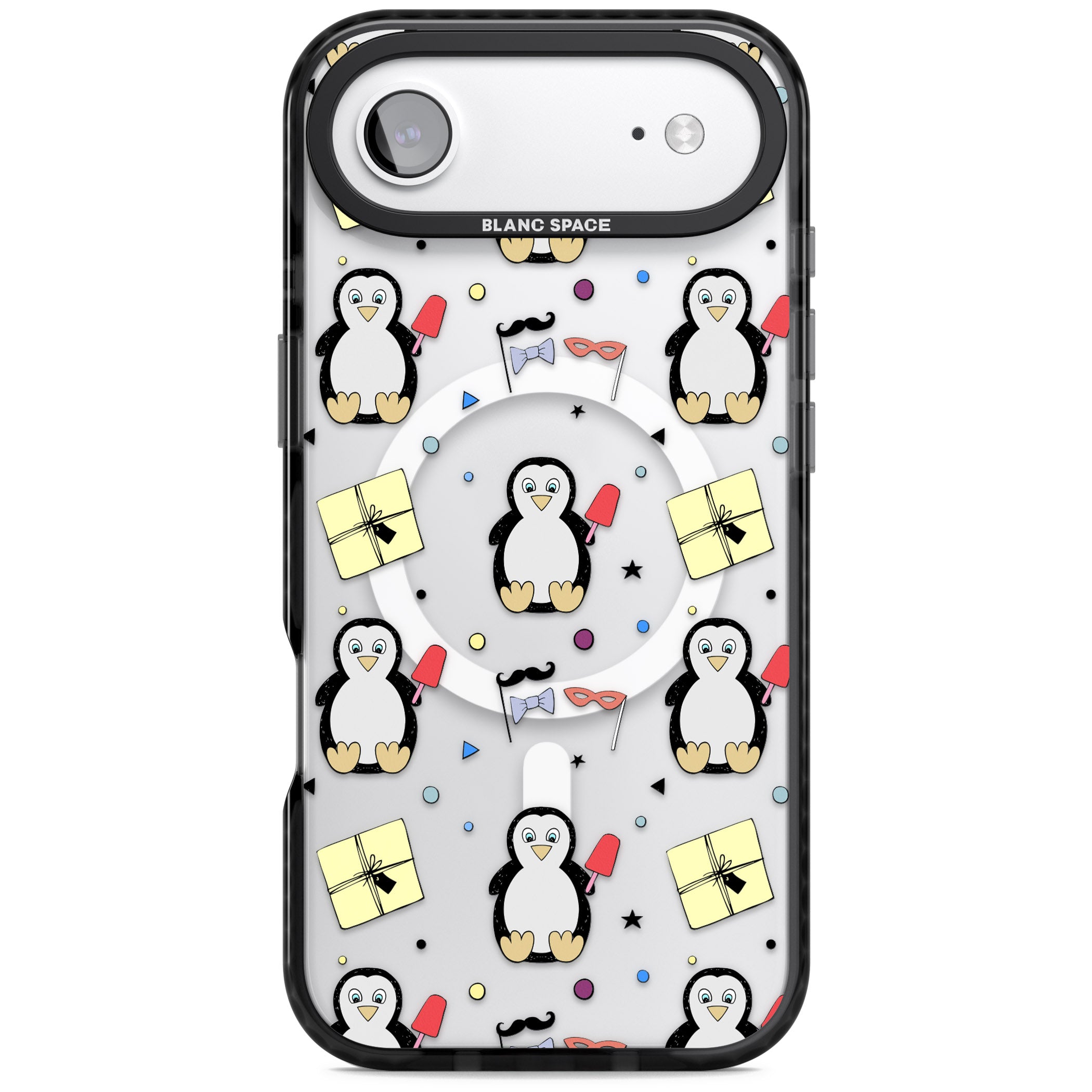 Cute Penguin Pattern Clear iPhone 17 Air Impact Pro Black Phone Case