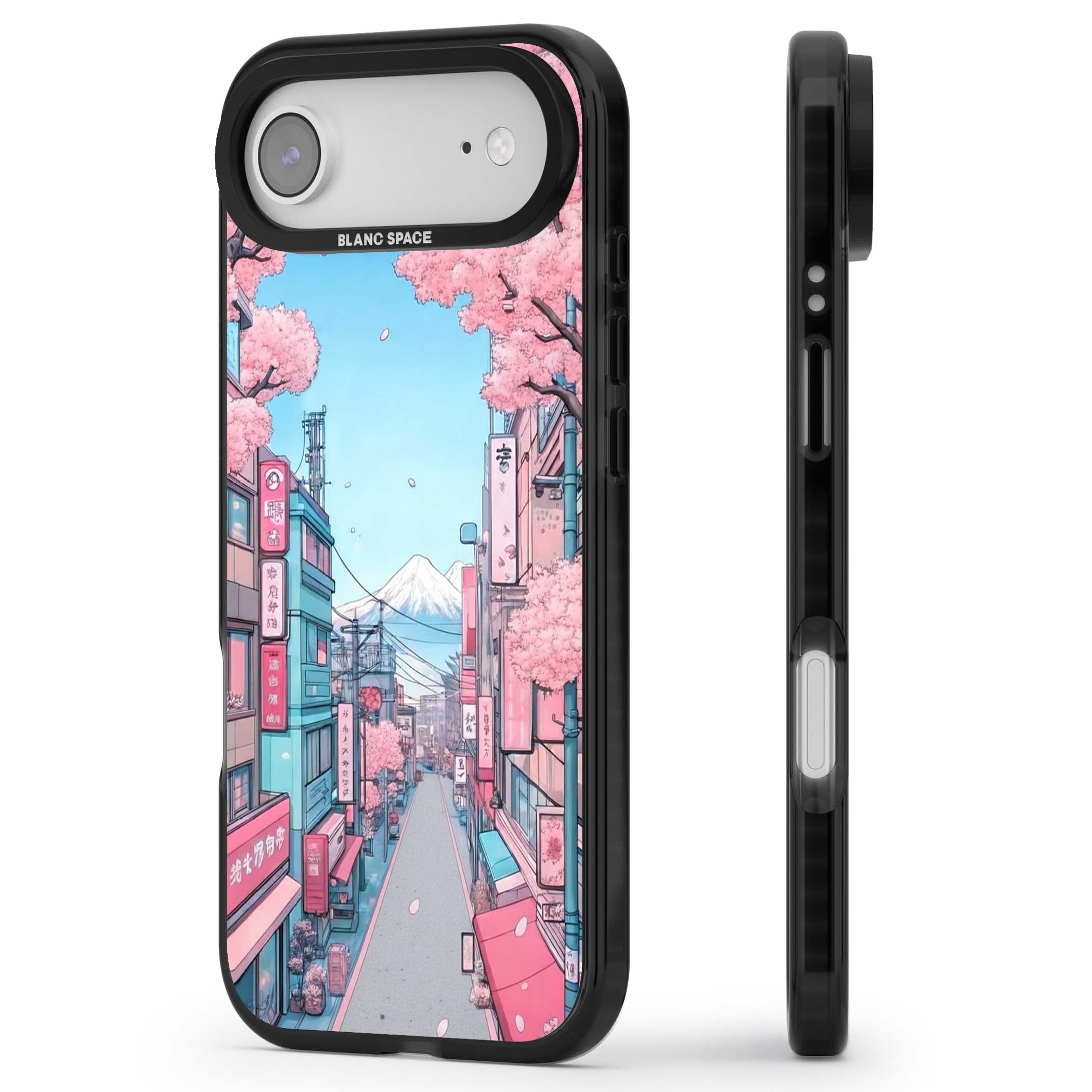 Sakura Lane anime iPhone case featuring Tokyo street scene with cherry blossoms and Mount Fuji | Black Impact Magsafe case for iPhone Air