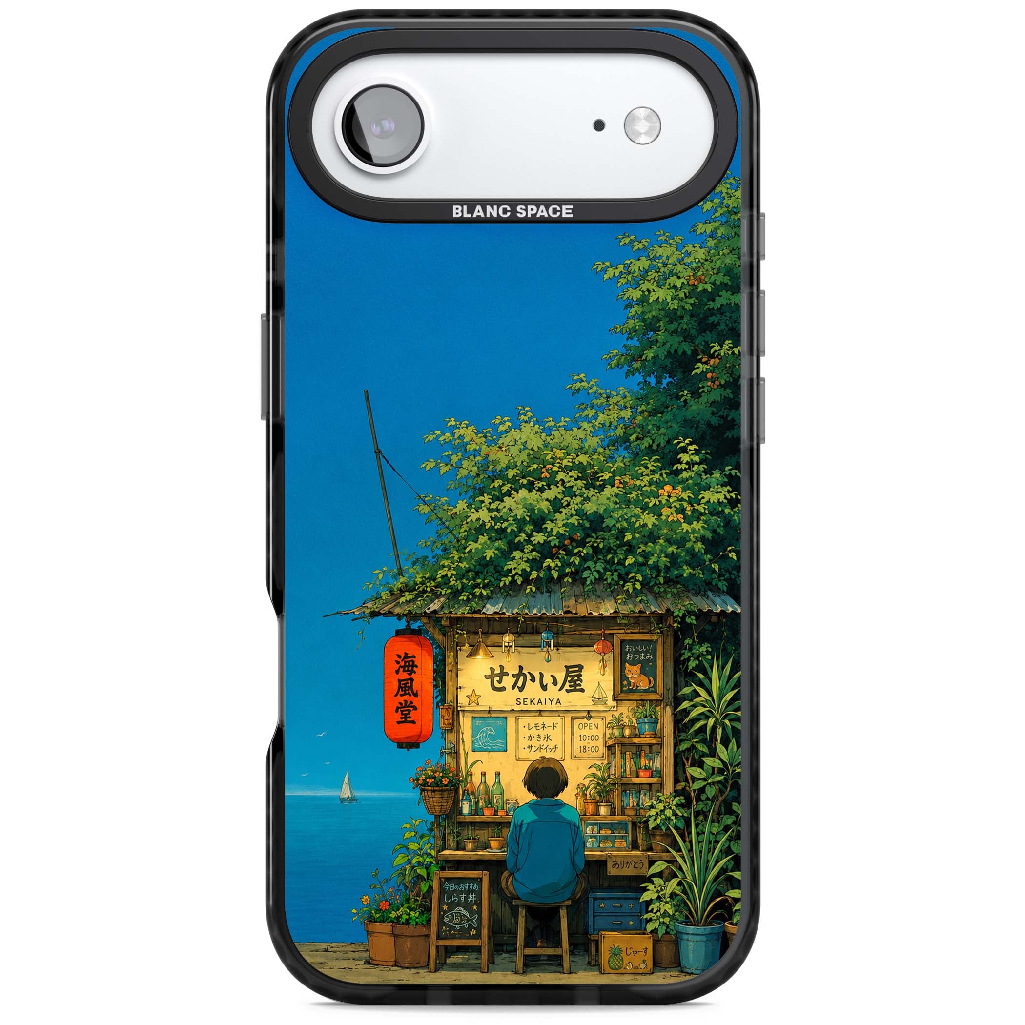 The Shirahama Kiosk anime iPhone case featuring a Japanese seaside shop, red paper lantern and ocean view | Black Impact Magsafe case for iPhone Air