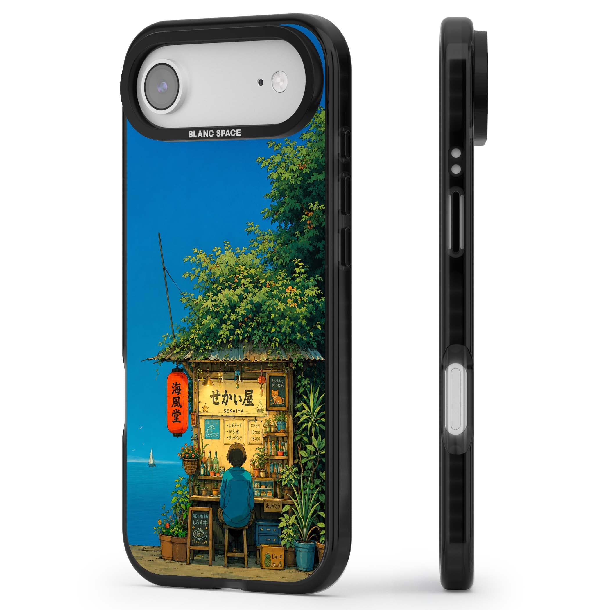 The Shirahama Kiosk anime iPhone case featuring a Japanese seaside shop, red paper lantern and ocean view | Black Impact Magsafe case for iPhone Air